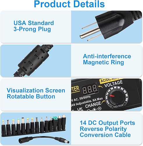 Miniatura 5 de Fuente de alimentación de CC ajustable, adaptador de fuente de alimentación universal Auplf 3V  24V 6A 144W Adaptador de CACC Variable Fuente de
