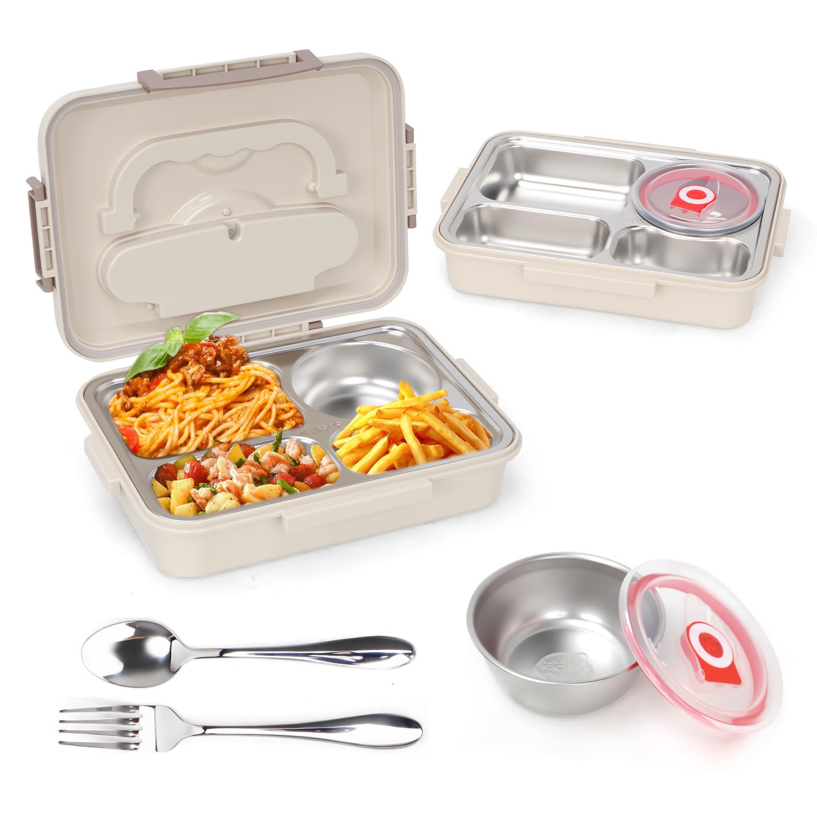 Bonjoli 316 stainless steel insulated lunch box?Sealed leak-proof?Adult men and women are all applicable?Four compartments?Microwave oven heating?It is also equipped with forks and spoons. (white)