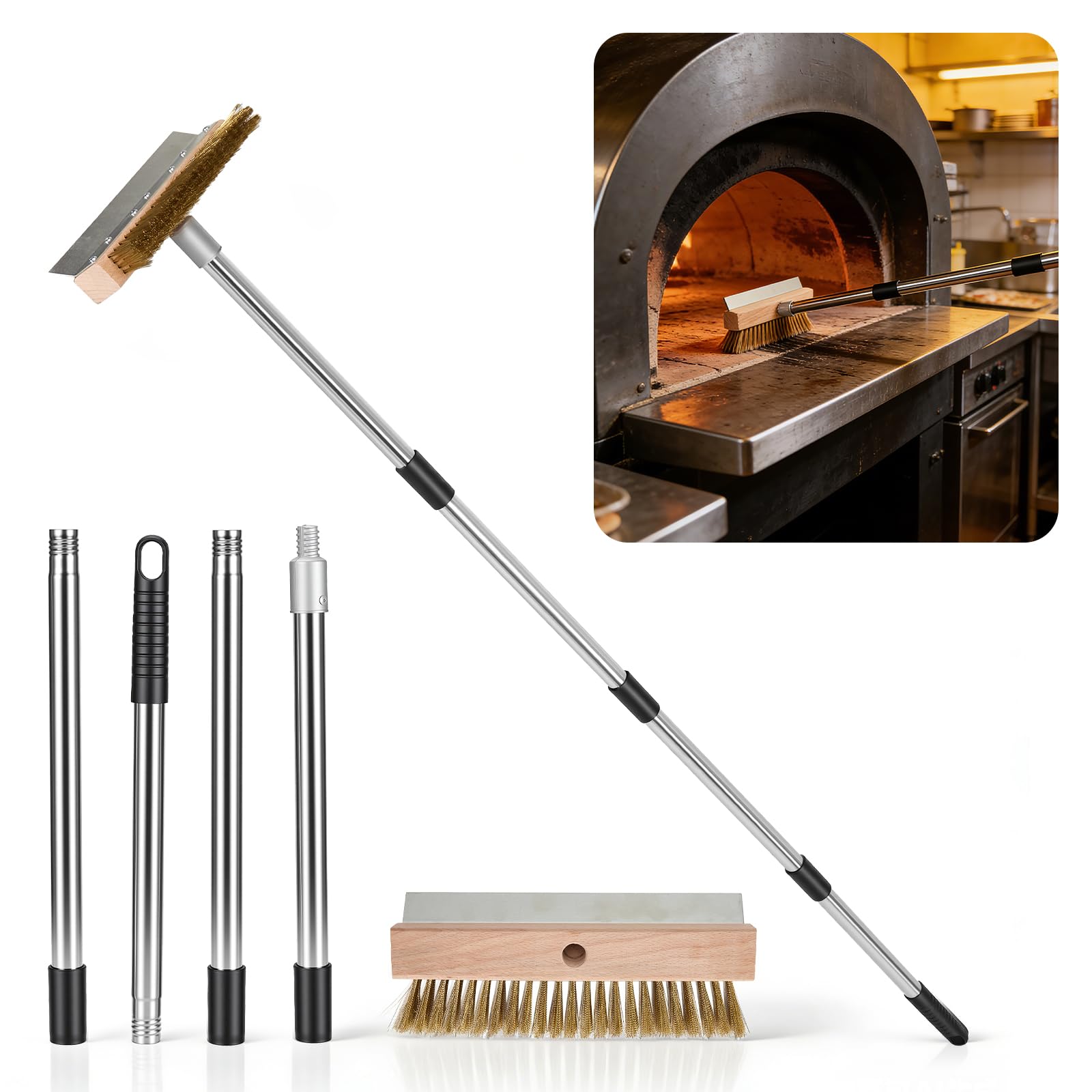 Spazzola forno pizza 2 in 1 con raschietto, manico regolabile 145 cm | spazzola per forno pizza in ottone da 25,5 cm per forno pizza a legna, barbecue, cucina, esterno e ristorazione