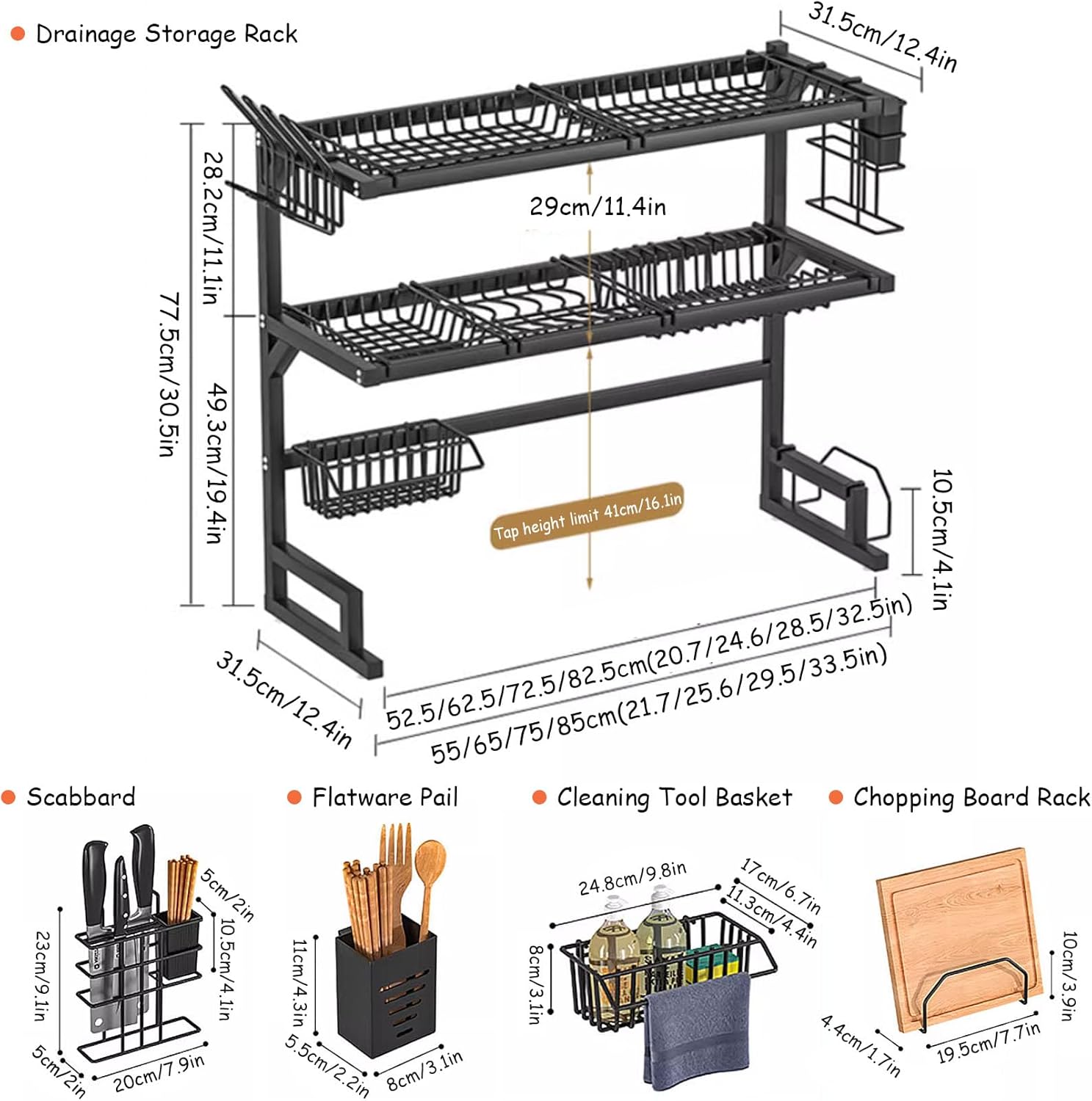 Over The Sink Dish Drying Rack - Drying Rack Large Capacity, Space-Saving Dish Rack for Kitchen Counter, 3-Tier Dish Drying Rack, Carbon Steel Dish Rack ()