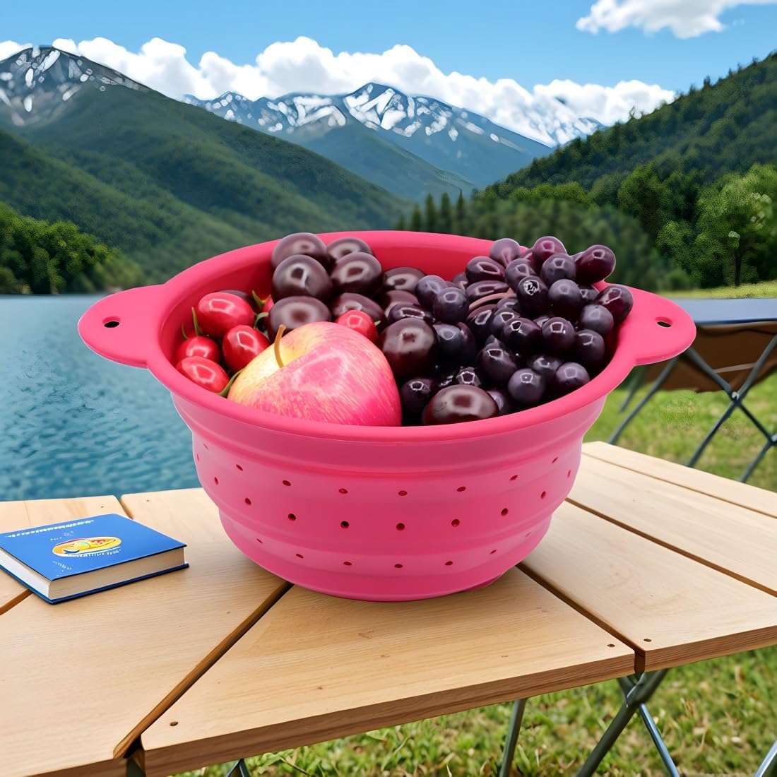 Collapsible Silicone Colander Bowl Set,BPA Free, Heat Resistant, Stainless Steel Nesting, Portable Washing Basket Strainer Drain Basin for Pasta, Vegetable and fruit, Kitchen, Camping, Hiking