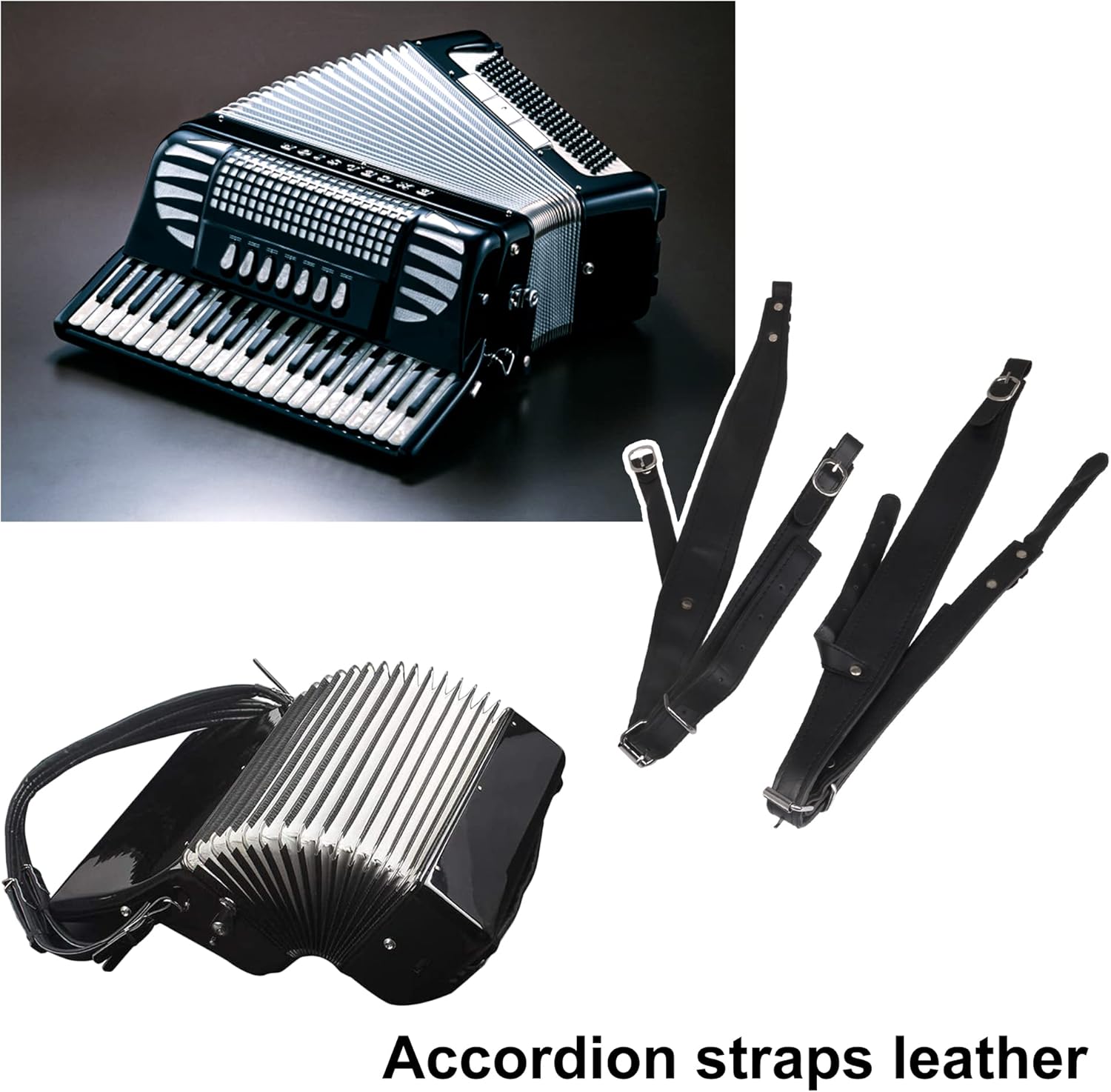 Yibuy 2Pcs Artificial Leather Accordion Straps Black Straps Replacement Musical Instrument Accessories