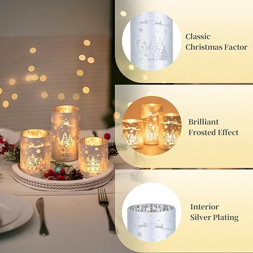 Miniatura 7 de Hewory Centro de mesa de candelabros de Navidad decoración navideña de ciervos de casa de nieve plateados, portavelas de cristal de huracán, juego