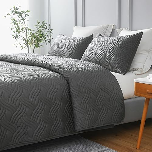 Miniatura 10 de Whale Flotilla Juego de edredón de tamaño individual, microfibra suave y ligera (patrón de ondas) para todas las estaciones, gris claro, 2 piezas