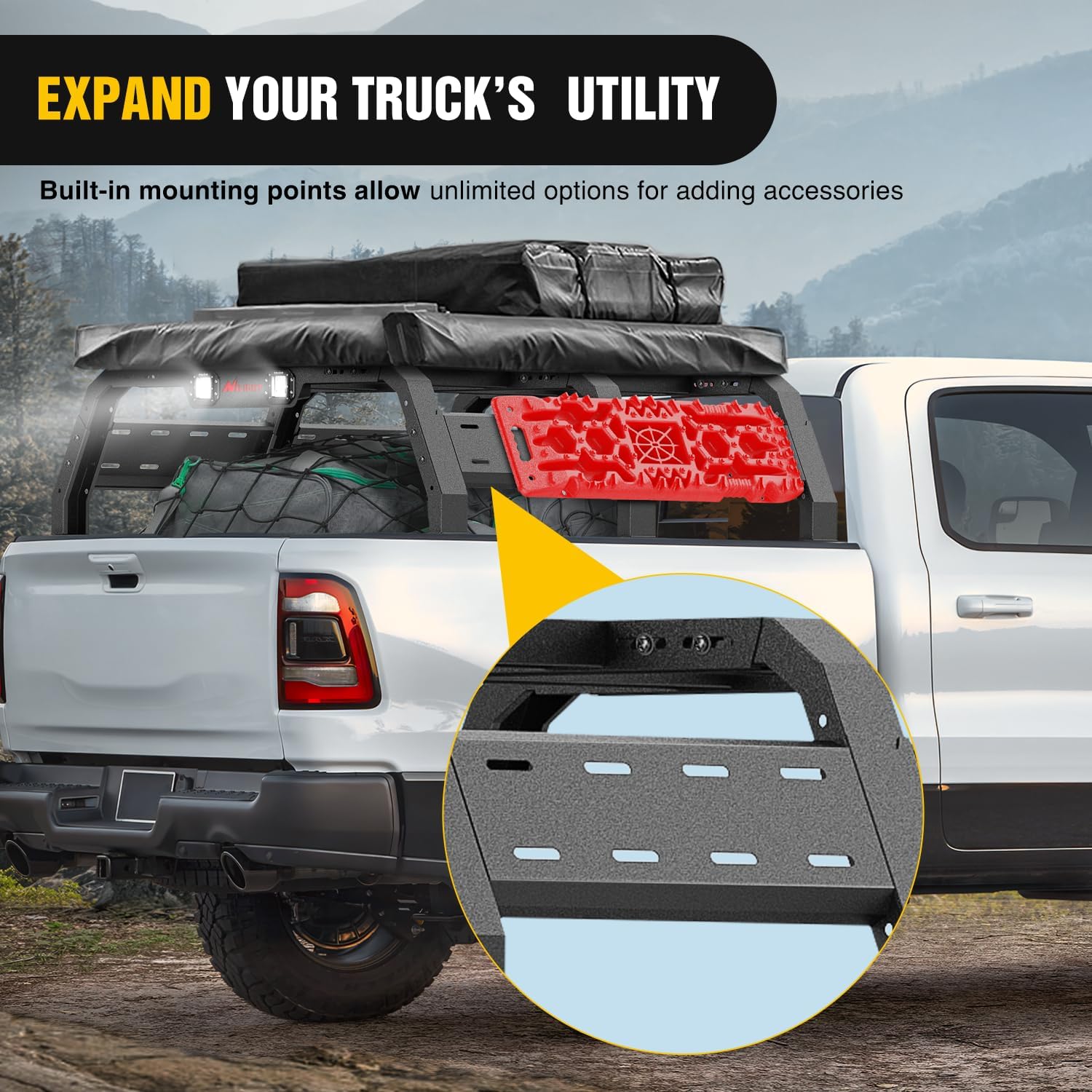 Nilight Truck Bed Cargo Rack Compatible with 2002-2024 Dodge Ram 1500 2014-2024 Chevy Silverado 1500 2009-2024 Ford F150 2007-2013 Toyota Tundra Overland Extender with 2Pcs LED Light Pods