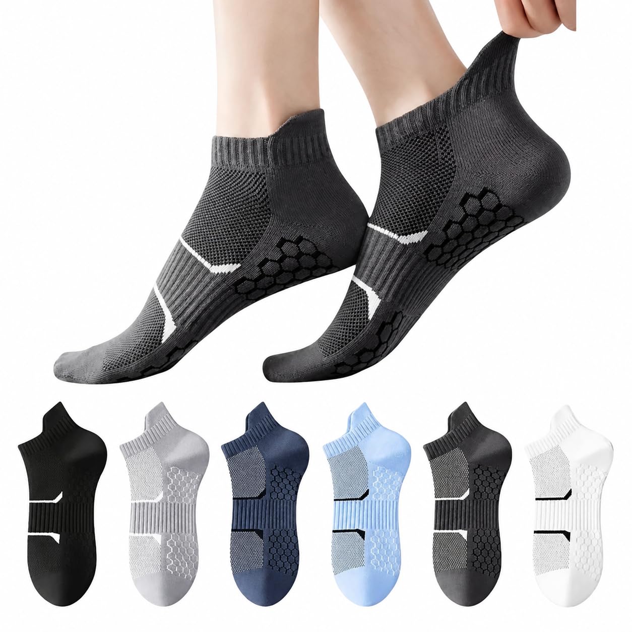 Men And Women Athletic Ankle Socks with Non-Slip Honeycomb Grip, Low Cut, Multicolour, Pack of 6-image-27