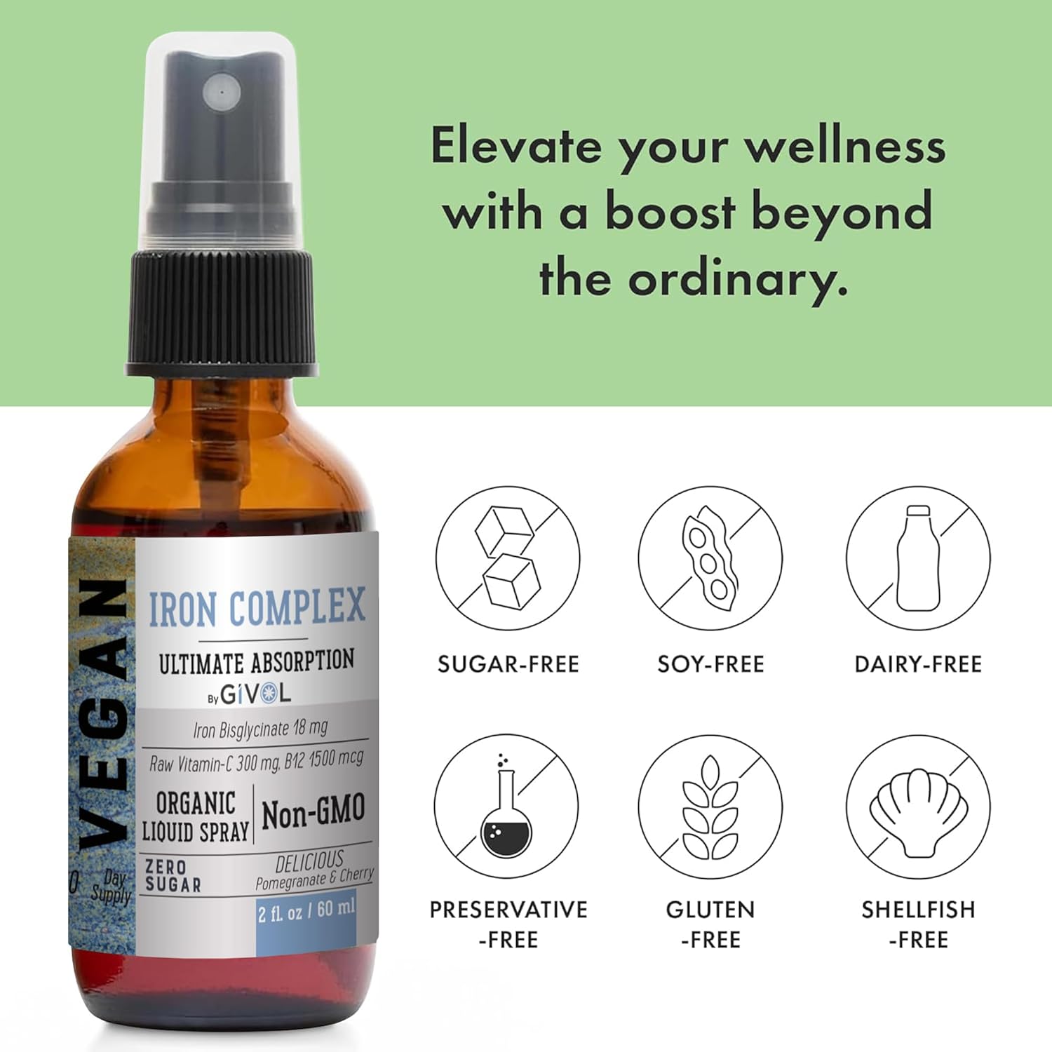 Iron Supplement - 18mg Bisglycinate Complex with Vitamin C & B12 for Energy & Immunity Boost and Organic ZINC Boost Mist 40mg (Extra Strength) - Sugar Free with VIT C and Elderberry Extract