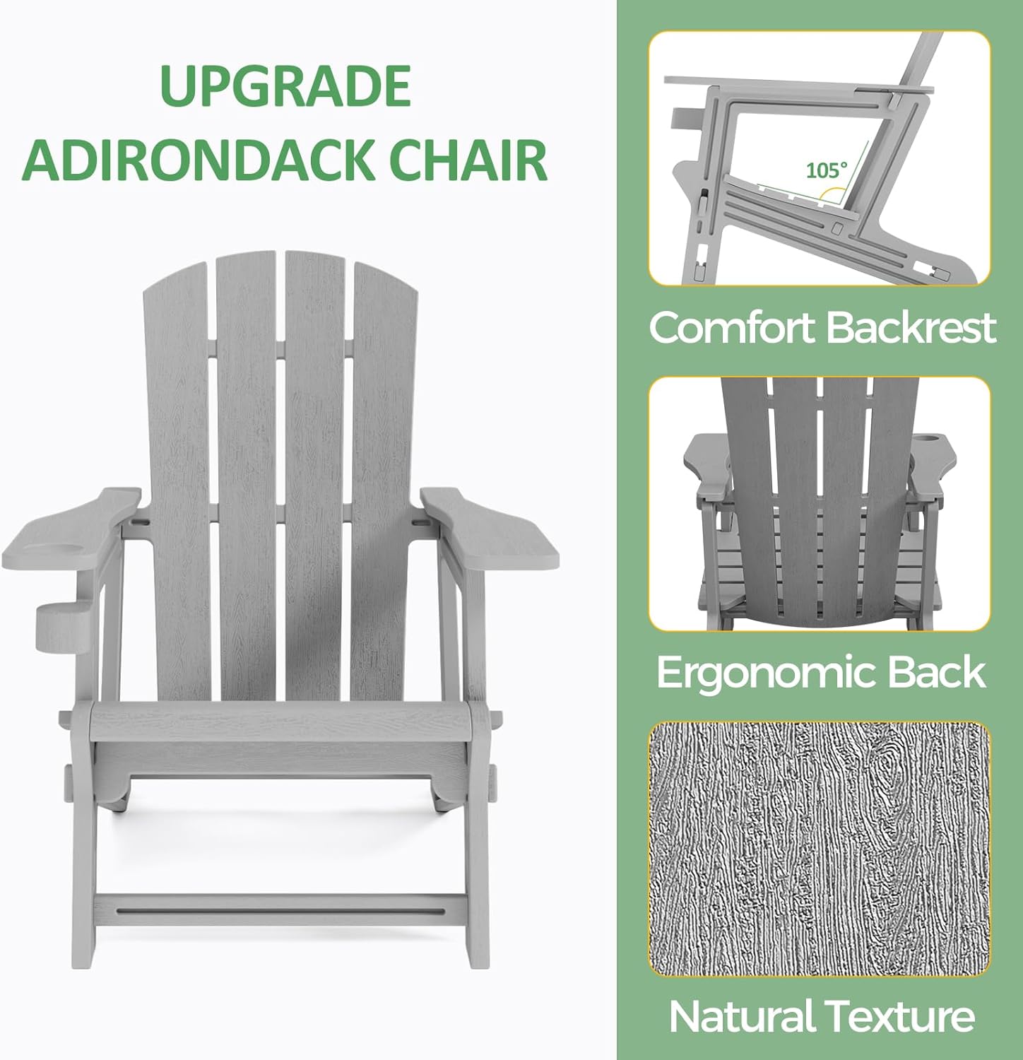 Modern Adirondack Chair, HDPE Plastic Adirondack Chairs, Plastic Outdoor Lawn Chairs for Fire Pit, Deck, Porch, Backyard, Garden, Grey