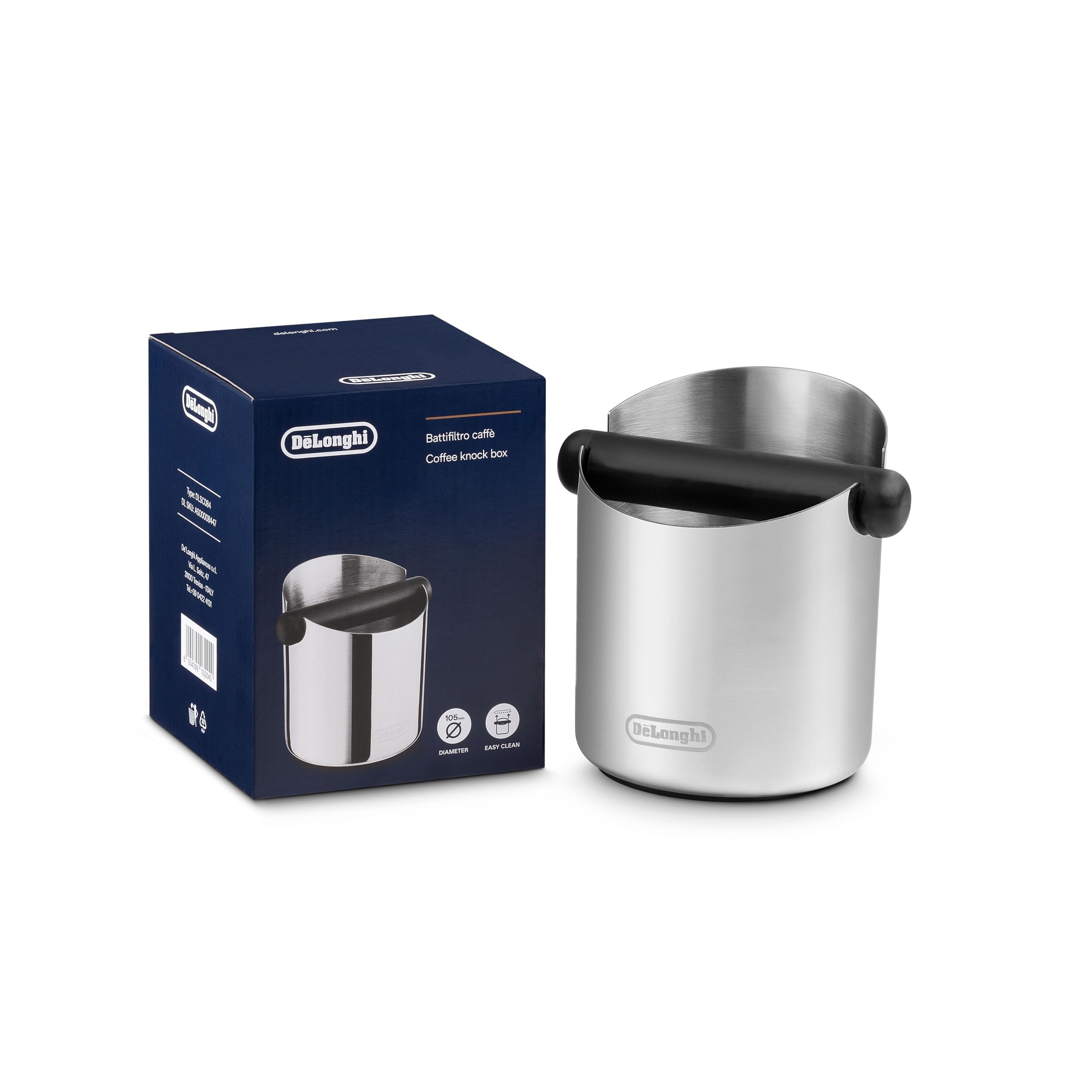 De'Longhi Abklopfbehälter für Siebträger DLSC084, Abschlagbox, Knock Box, hochwertiger Edelstahl, rutschfeste Gummibasis, abnehmbare Schlagleiste, robust & stabil, leicht zu reinigen