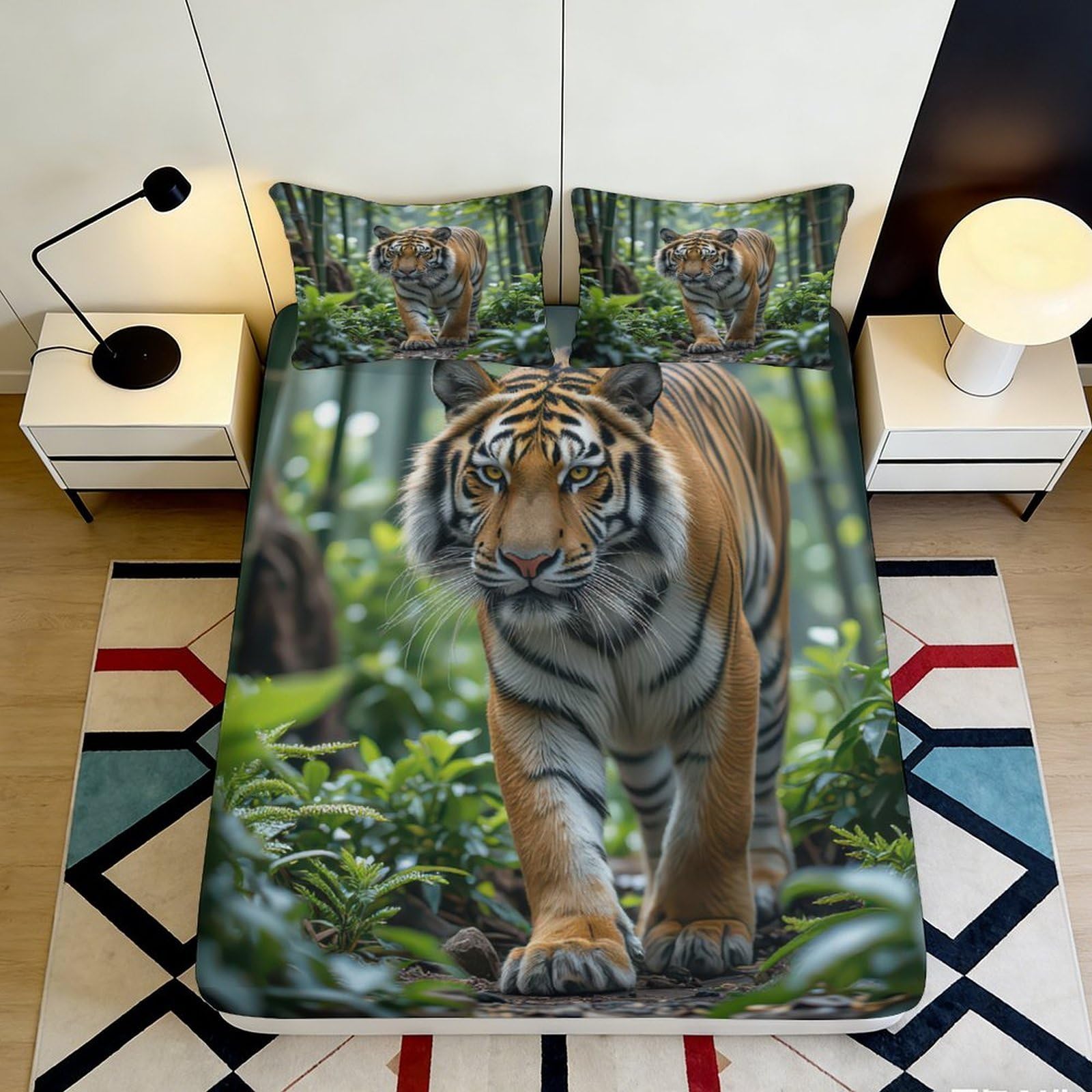 3D Printed Jungle Tiger Fitted Sheet Microfiber Soft Breathable Forest Animal Bed Cover for Bedroom Guest Room Decor 90x200x25cm