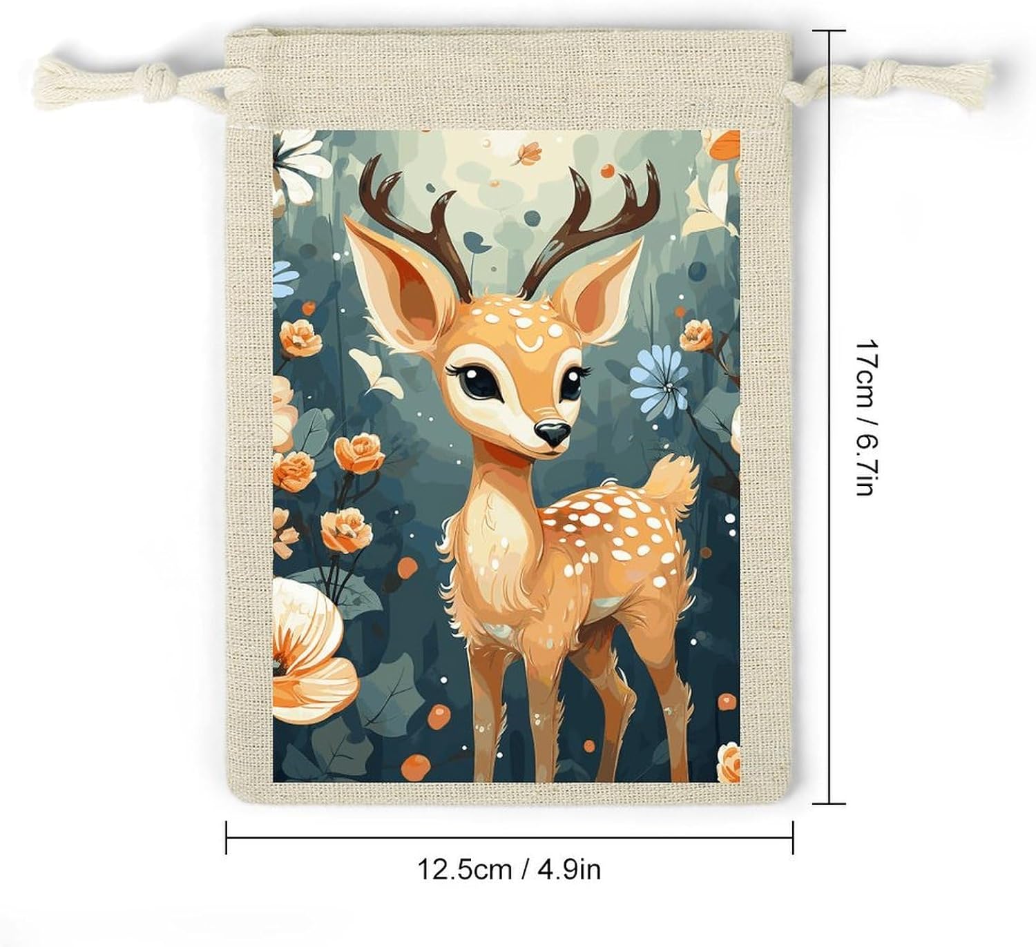 FekiLoot Cartoon Deer Flower Cotton Linen Drawstring Bags Pack of 8 image 2