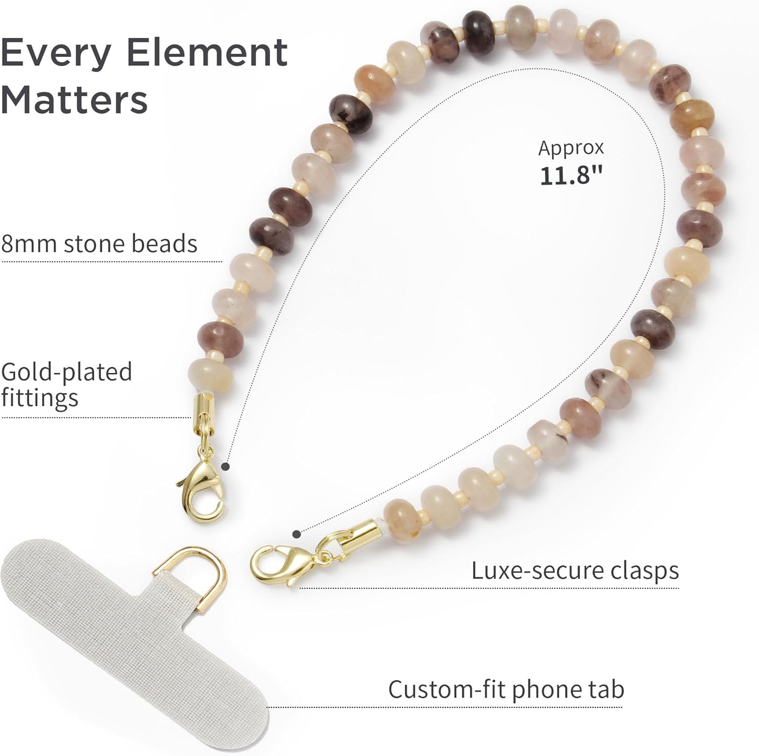 Natural Stone Phone Charm, Beaded Healing Phone Wrist Strap, Handmade Cellphone Chain Lanyard with Tether Tab - Image 5