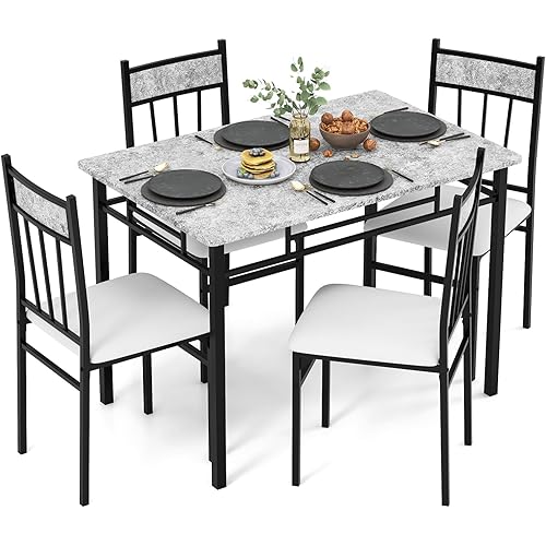 Tangkula Dining Table Set for 4, Kitchen Table and Chairs Set with Metal Frame & Padded Seat, Dining Table and Chairs Set of 4 for Dining Room, Space Saving