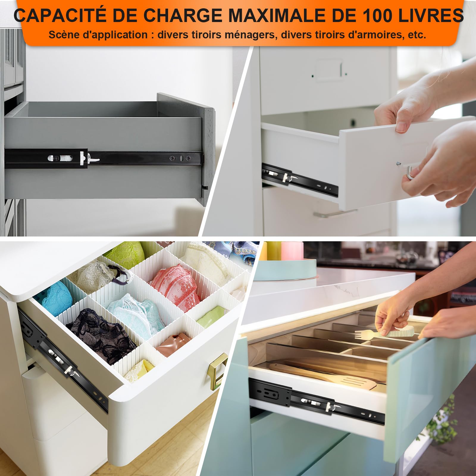 glissières de tiroir 6 paires (12 pièces),30cm glissiere pour tiroir, amortisseur coulisse tiroir avec roulements à billes, montage latéral,extension complète, capacité de charge 45 Kg,noir