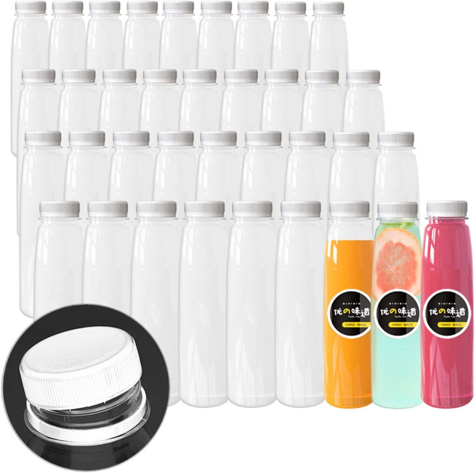 36 Pack 12 OZ Plastic Juice Bottles with Caps, Large Diameter Disposable Plastic Bottles Bulk with White Tamper Evident Lids for Juicing, Smoothie, Protein Drinks and Other Beverage (12 OZ, White)