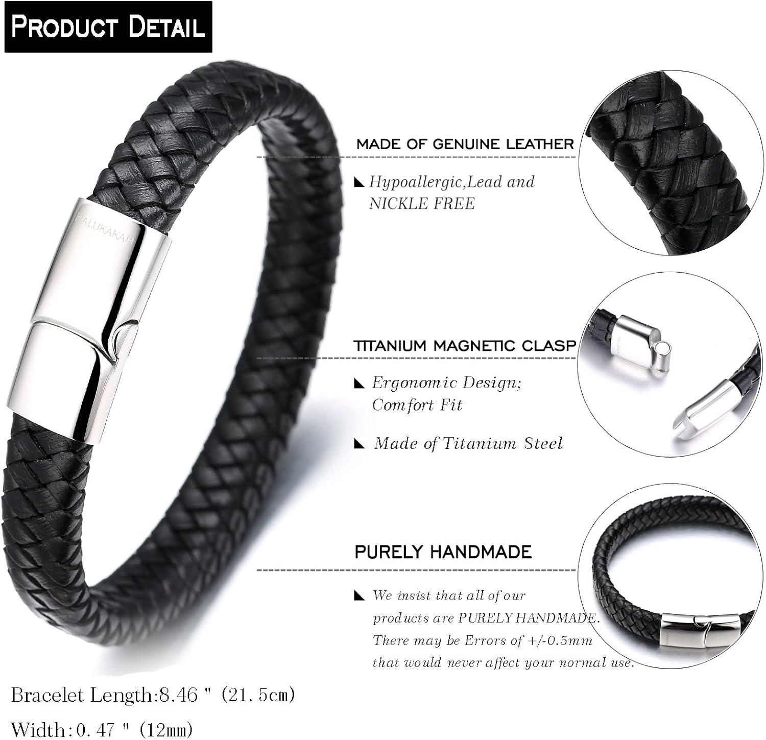 HALUKAKAH ● Solo ● Men's Genuine Leather Bracelet Classic Style Titanium Clasp with Magnets 8.46"(21.5cm) with FREE Giftbox - Image 3