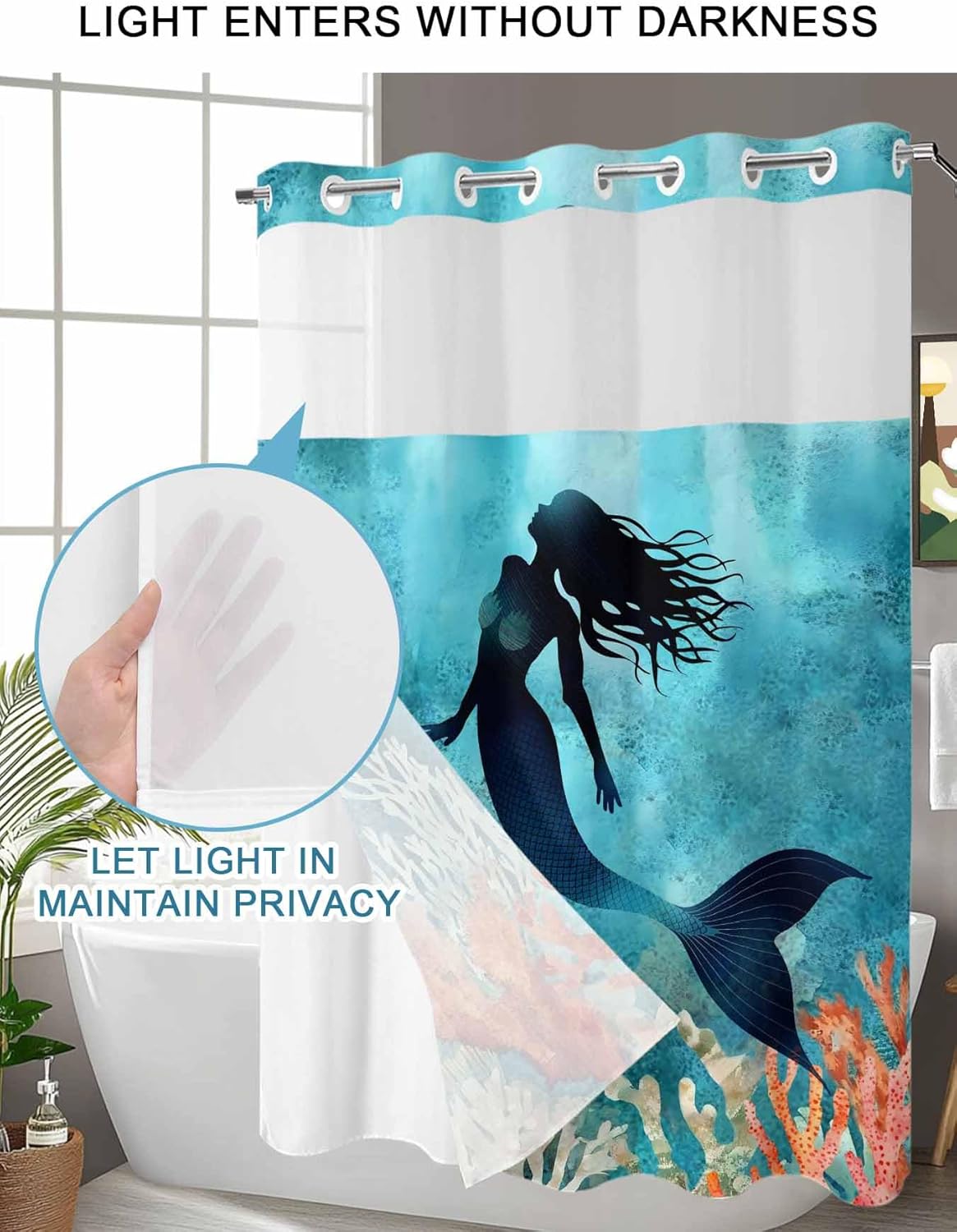 No Hook Shower Curtain with Snap in Liner, Watercolor Mermaid Silhouette Coral Shower Curtains for Bathroom Bath Curtain with See Through Top Window Undersea World