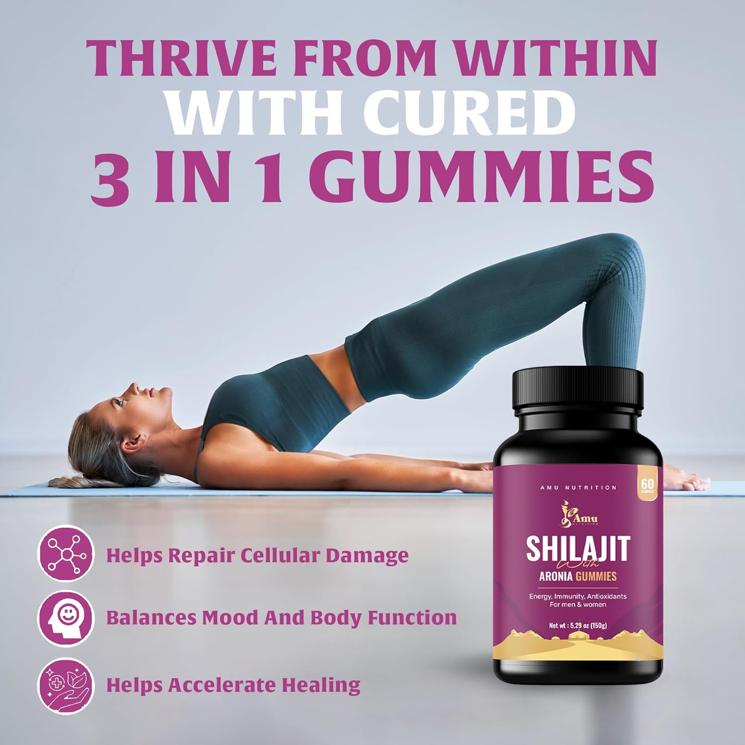 AMU NUTRITION Shilajit Gummies for Men & Women with Aronia Berries Fulvic Acid & 85+ Trace Minerals I Men,Women I Non-GMO I Lab Tested I 100% Natural I 60 Gummy (60 Count (Pack of 1), Aronia Berries)