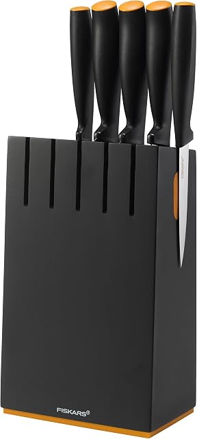 Fiskars Blok na noże z 5 nożami, szerokość: 14,5 cm, wysokość: 36 cm, drewno brzozowe, czarny, 1068068