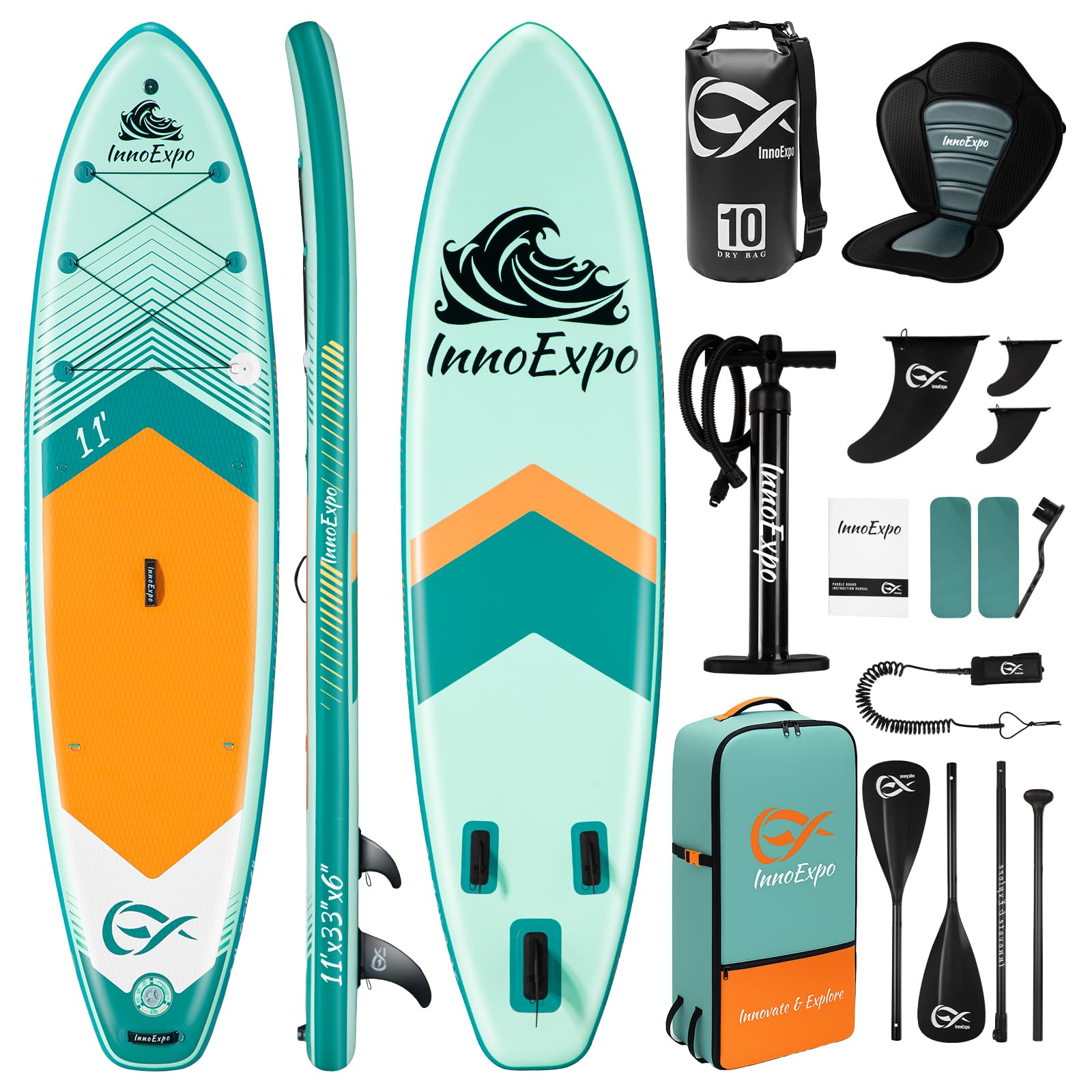 InnoExpo Aufblasbare Stand-Up-Paddle-Boards mit Premium-Zubehör, breites, stabiles SUP-Paddelboard-Design, rutschfestes Komfort-Deck für Jugendliche und Erwachsene
