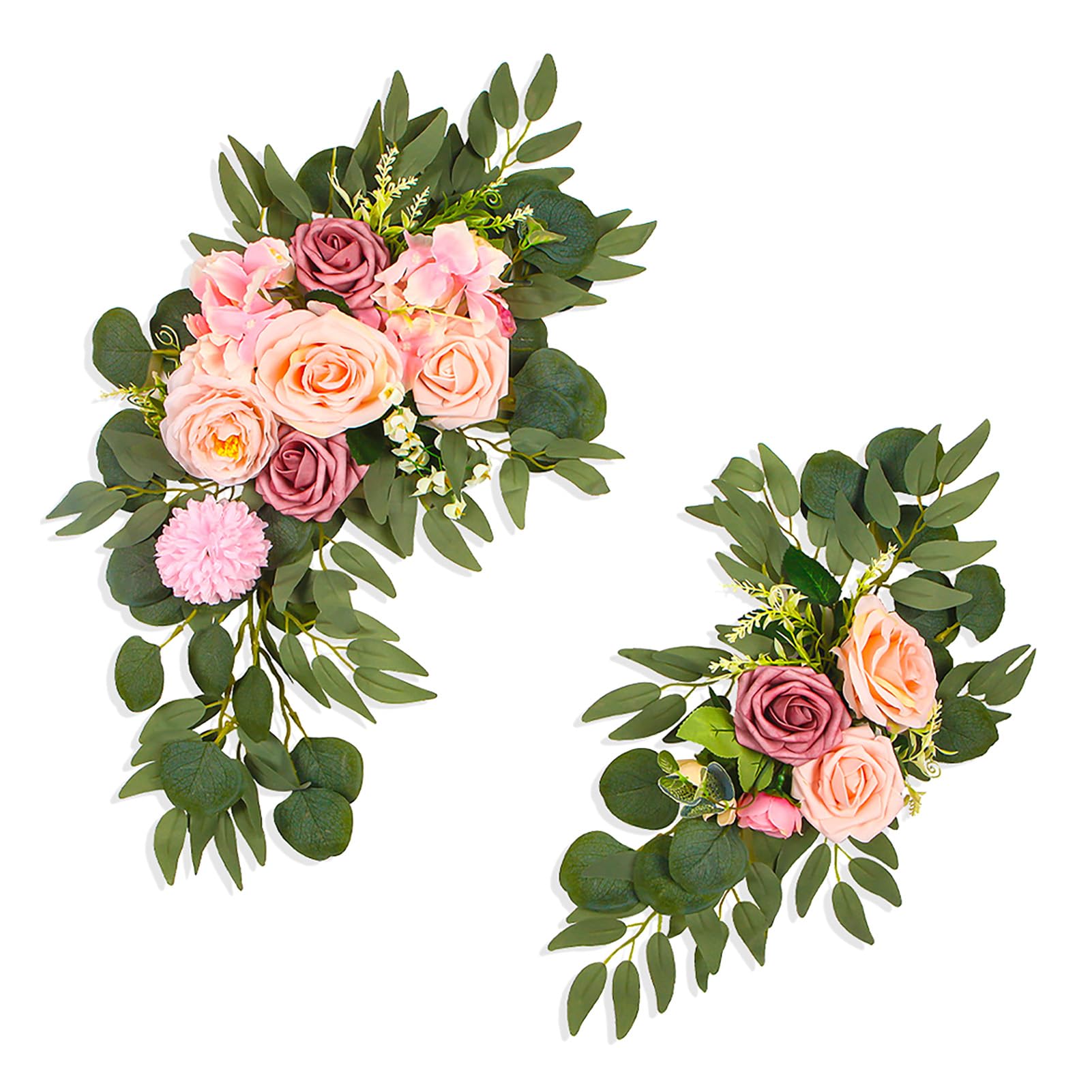 Set di 2 fiori artificiali romantici europei retrò floreali per pannelli di benvenuto di nozze, facili da installare, per porta d'ingresso o ingresso (rosa)