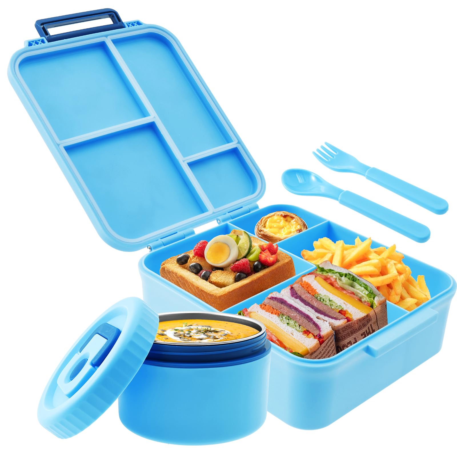 Ghshanog Blue Bento-Box,Kids Lunch-Box With 4 Compartments,Leak-Proof Food Container Snack Boxes With Salad Dressing Containers&Cutlery,Portable Storage Container For School/Kindergarten/Work(Blue)