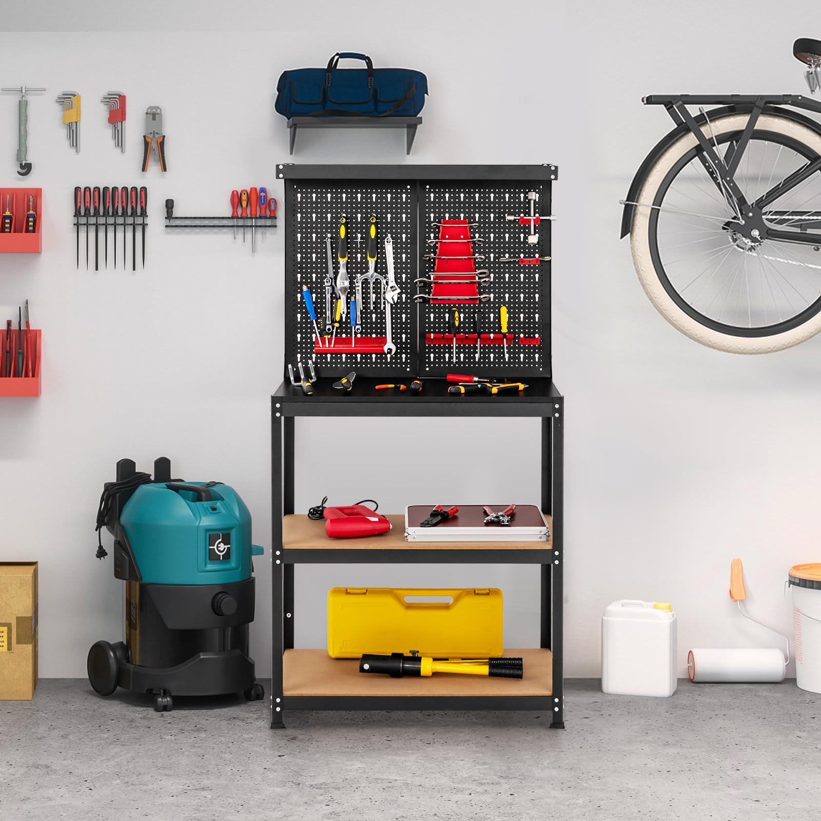 SOARS Établi Atelier Garage 81 X 41 X 156 CM, Rangement Outils en Métal en 2 Panneaux Perforé avec Kit de 14 Crochets, 2 Étagères, Charge 100 KG, pour Garage, Atelier (Noir+Rouge, 81 x 41 x 156 cm)