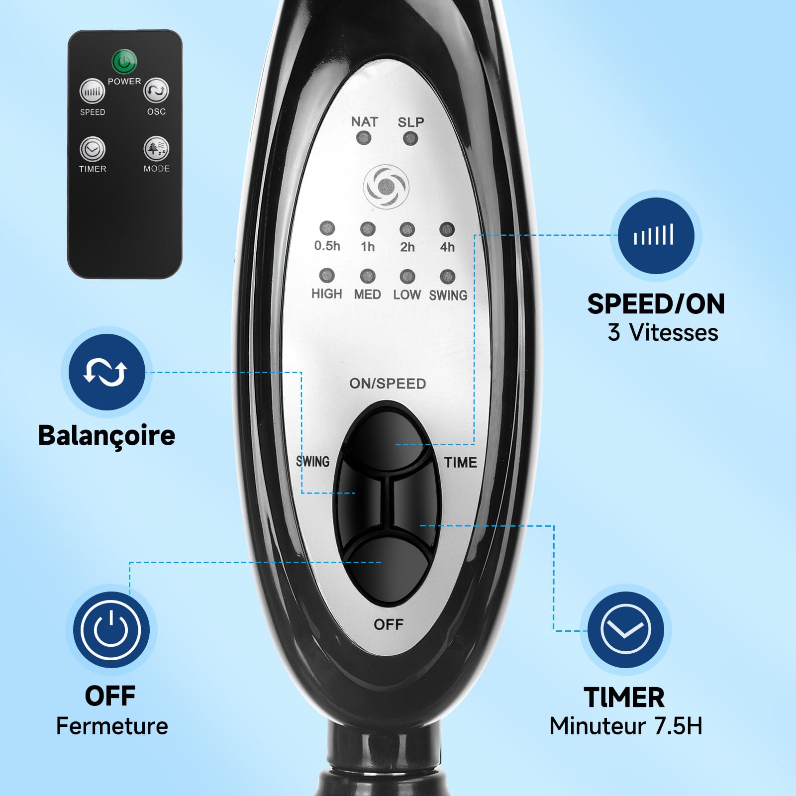Aigostar Ventilateur sur pied silencieux, 9 pales, télécommande, 3 vitesses, 3 modes, minuterie de 7,5 heures, oscillant à 80°, ventilateur à hauteur réglable, base antidérapante, 60 W, Carr