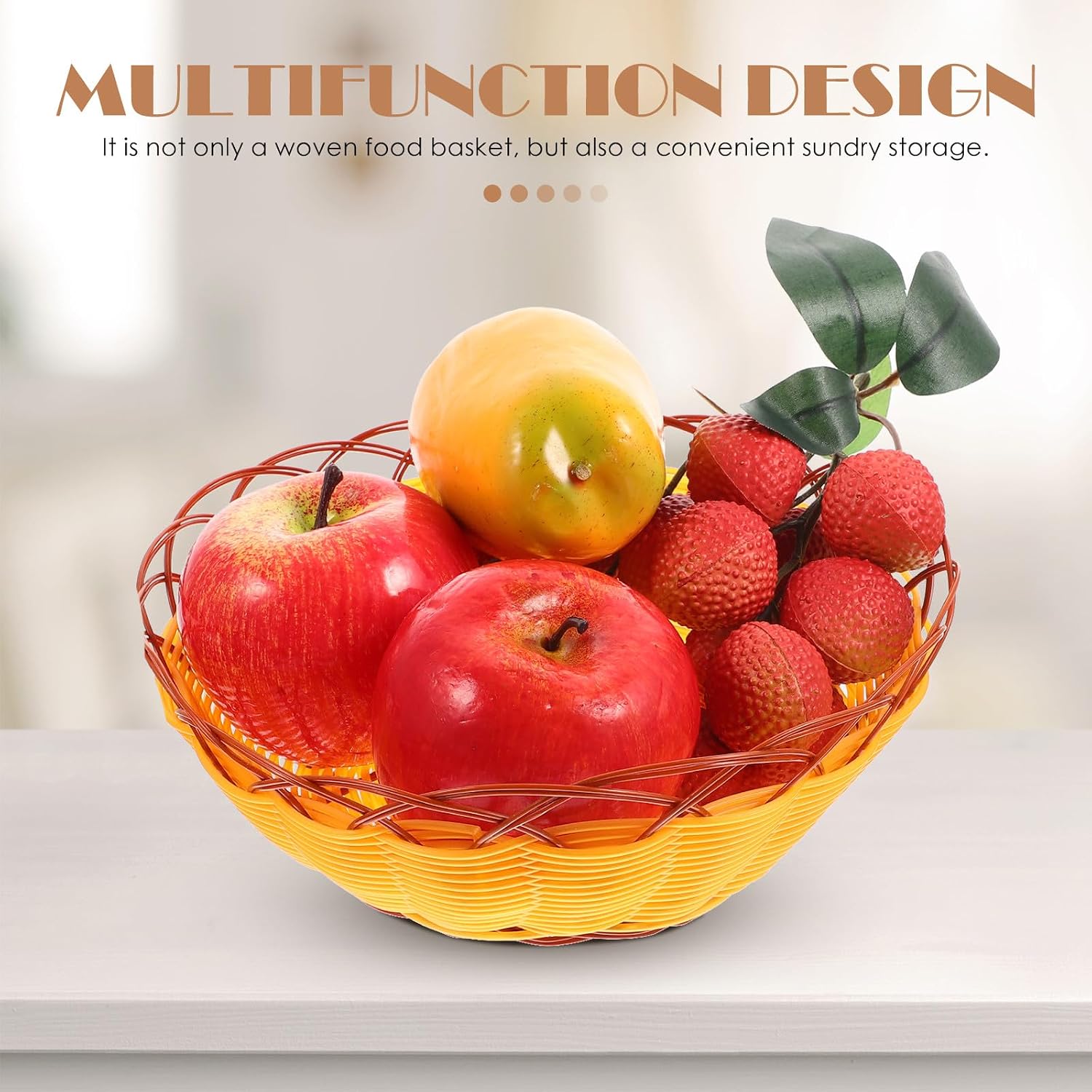 Artibetter 4pcs Plastic Bread Basket Set, 23cm Deep round Imitation Rattan Woven Snack Storage Baskets for Kitchen Fruit and Fries Serving