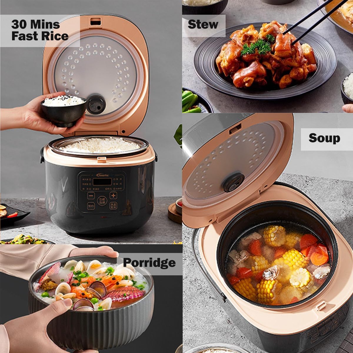 Collage showing various cooking functions of the PowerPac PPRC532 Digital Rice Cooker: 30 Mins Fast Rice, Stew, Porridge, and Soup.