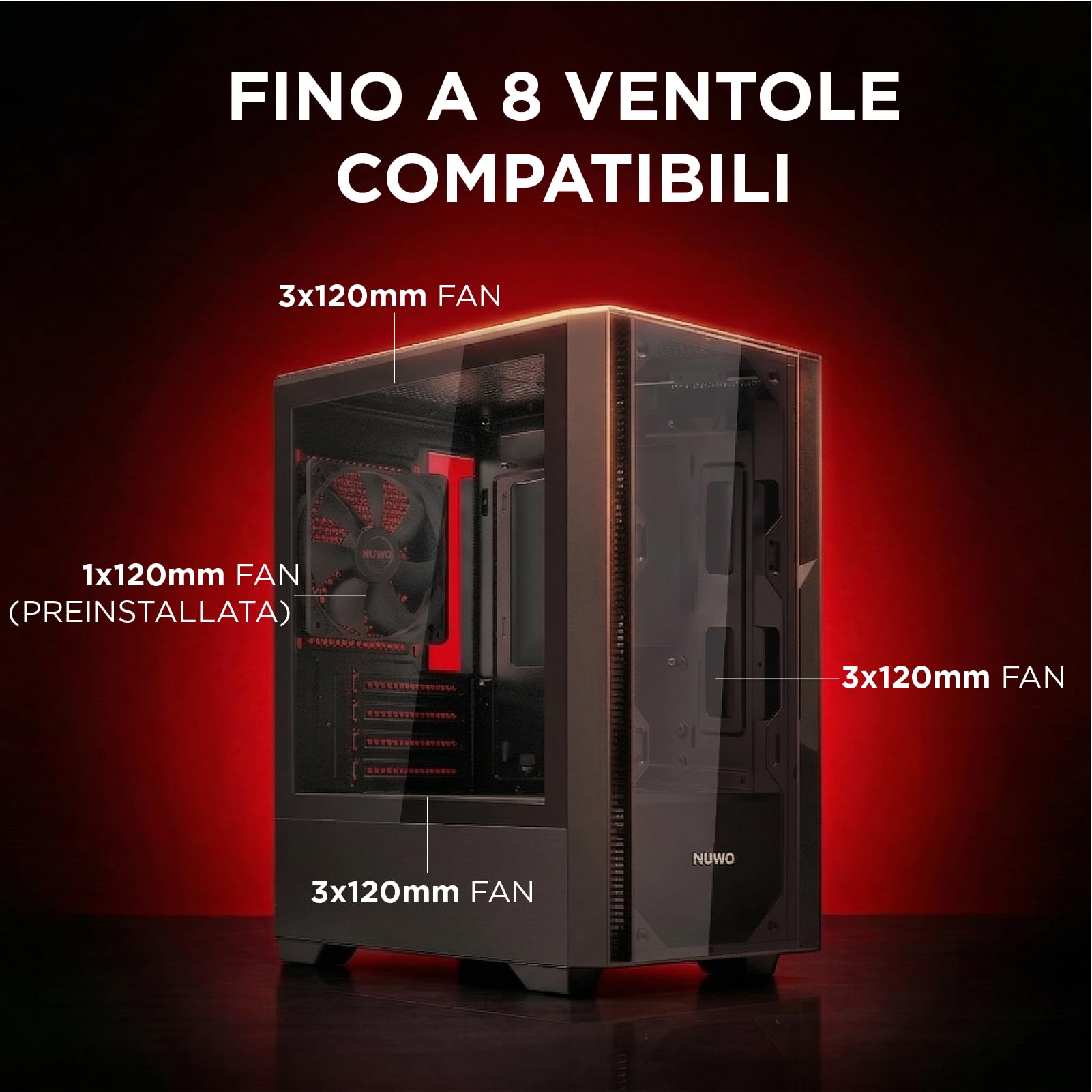 Nuwo Gigan BK100 Case PC Gaming Micro-ATX Mini-ITX | Mini Tower Frontale e Laterale in Vetro Temperato Panoramico | Ventola 120mm Preinstallata