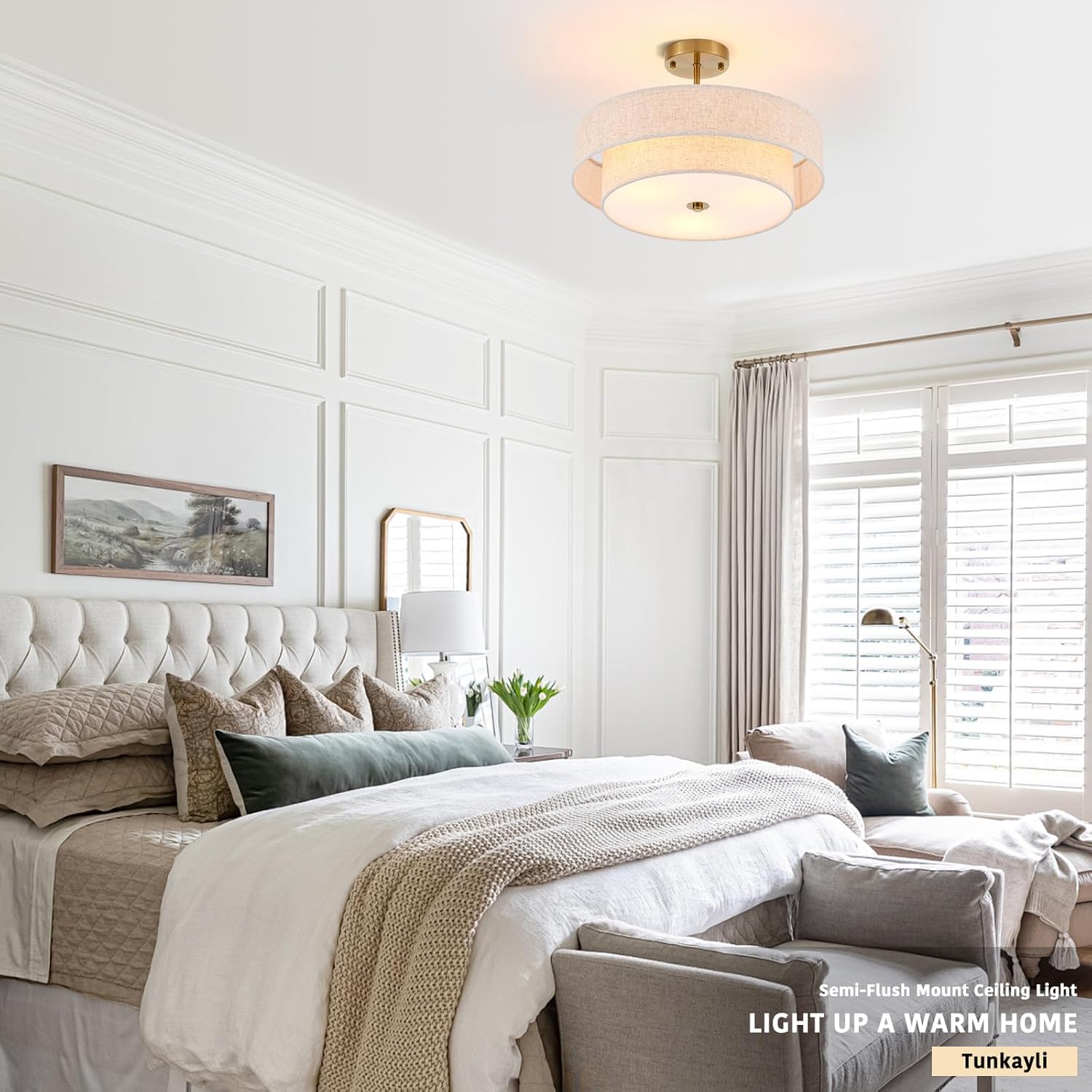 Semi Flush Mount Ceiling Light, 18" Gold Drum Ceiling Light Fixture, 3-Light with 2-Tier Beige Linen Fabric Shade, Modern Farmhouse Close to Ceiling Light for Bedroom, Kitchen, Hallway