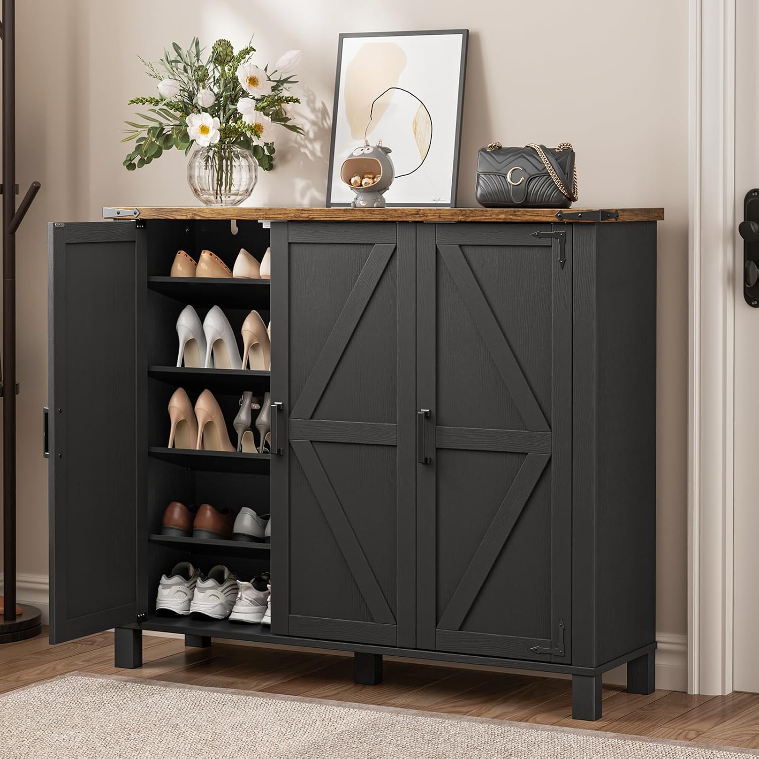 5-Tier Shoe Storage Cabinet, Farmhouse Shoe Rack Organizer Cabinet with 4 Adjustable Shelves & Side Cabinets, Freestanding Shoe Cabinet Storage with Anti-tip Fitting for Entryway, Black