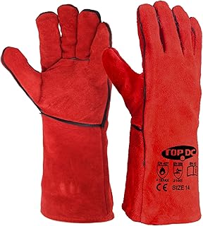 TOPDC Welding Gloves 14 Inches Fire/Heat Resistant Leather For Mig,Tig,Stick,Forge,BBQ,Grill, Fireplace,Wood Stove, Furnace,Pot,Oven (14 Inch-Red)