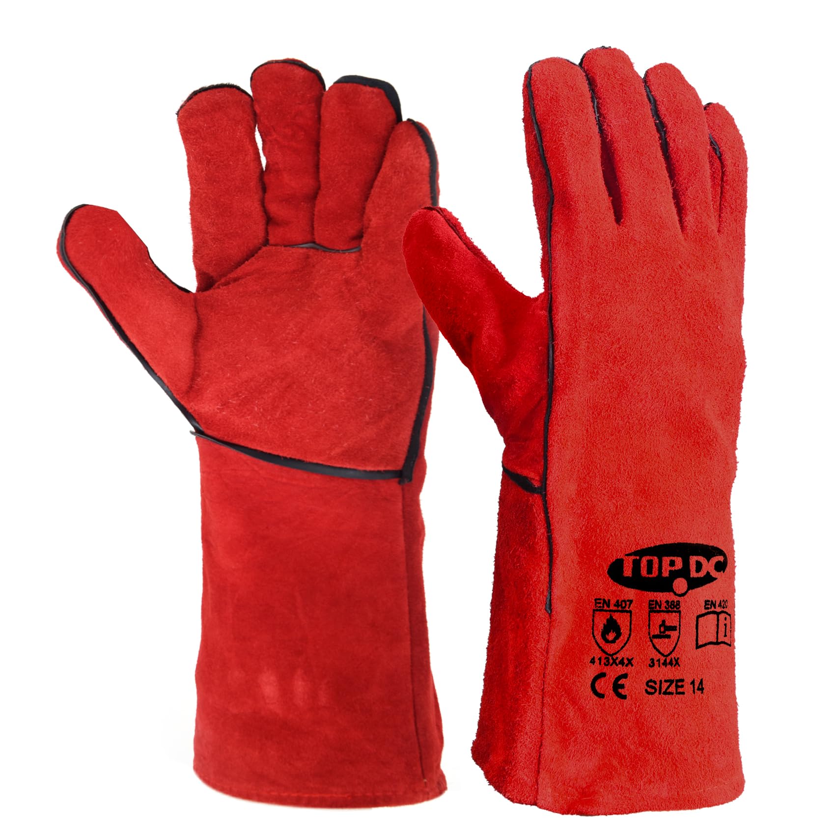 TOPDC Welding Gloves 14 Inch Heat Resistant Leather For Mig Stick Forge