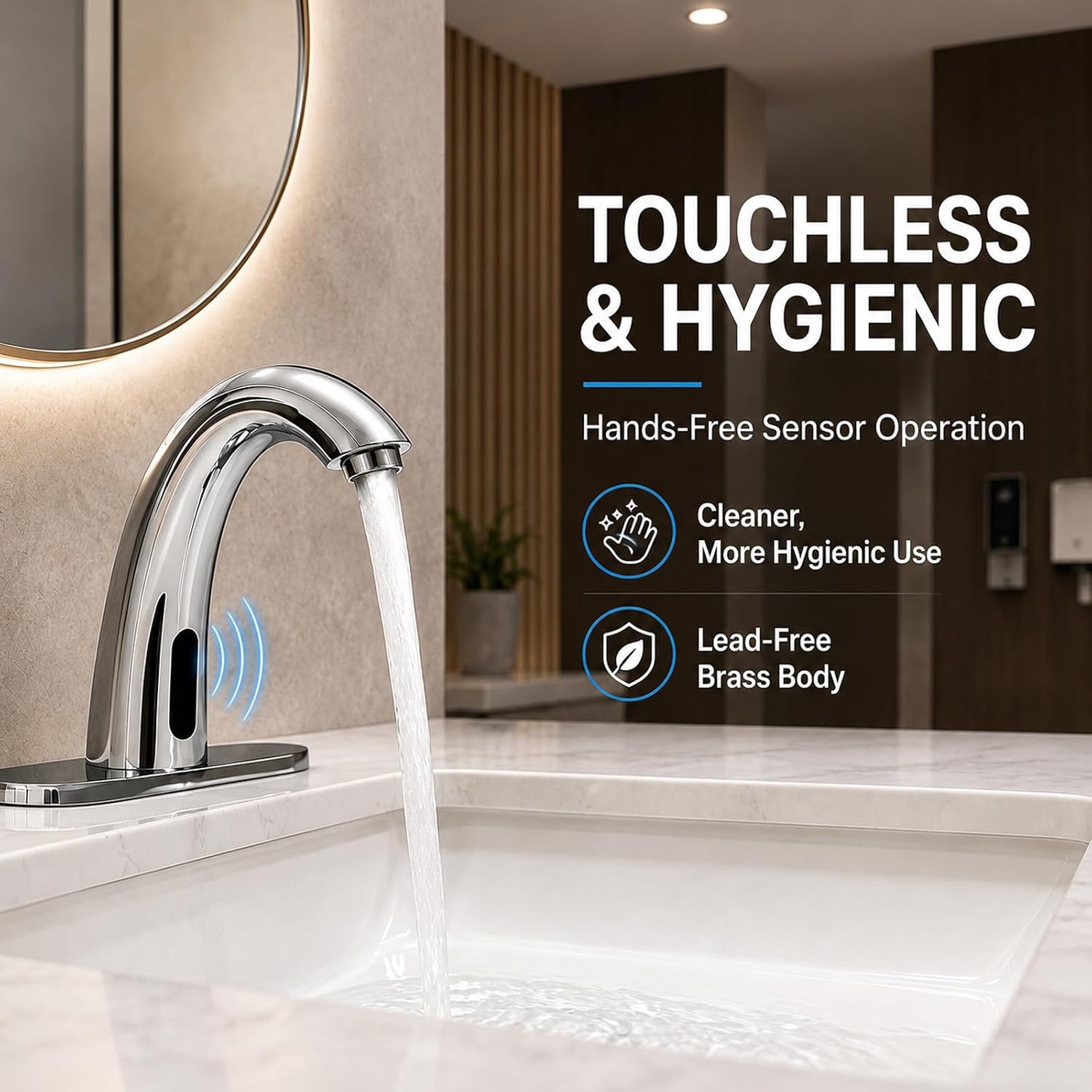 Chrome Touchless Bathroom Sink Faucet - Automatic Sensor Faucet - Dual Power Supply 110V AC or Battery Operated for Commercial image 2
