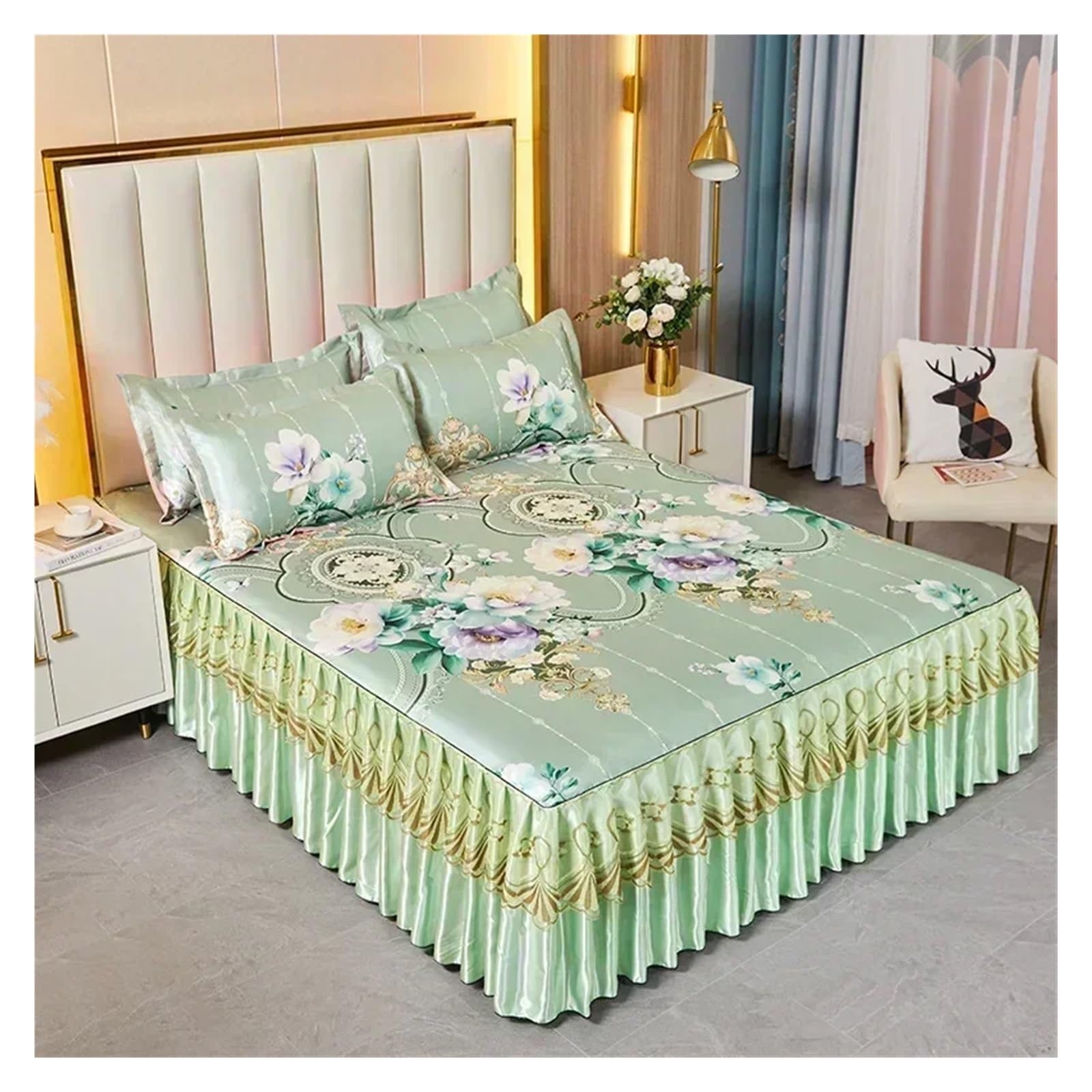 Bedding Set Folding Embroidered Sheets Bedding Bed Skirt King Queen Size Bed Sheet Set with Pillowcases(Color 5,3 pcs 180x220cm)