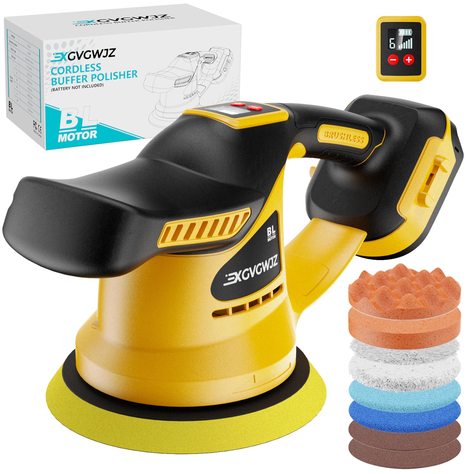 Cordless Buffer Polisher for Dewalt 20V Battery, 450W Brushless Car Buffer Polisher Waxer with 6 inch disc, 6 Variable Speed Up to 5200 RPM for Waxing Polishing Scratch Removal (Tool only)