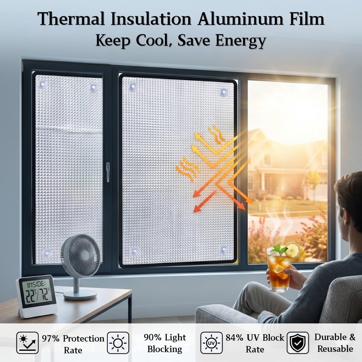 Cooling Window Privacy Film with Suction Cup, Anti UV Total Blackout Window Film, Heat Blocking Aluminum Foil, 8mm, Easy to Install/Reusable, for Cars, Bedroom, Sun Roof, Sunroom(Black,40" W x 44" H)