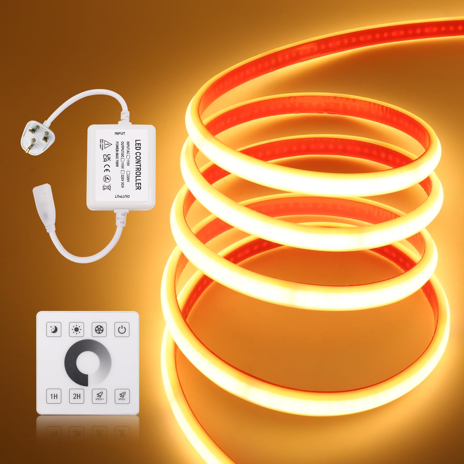 KISUFU 220V COB LED Tape Neon LED Strip, 240 LEDs/m IP67 Waterproof Dimmable Double-Sided Glue Light Strip with RF 750w Touchscreen Dimmer for Kitchen, Living Room, Party, Bar Decoration