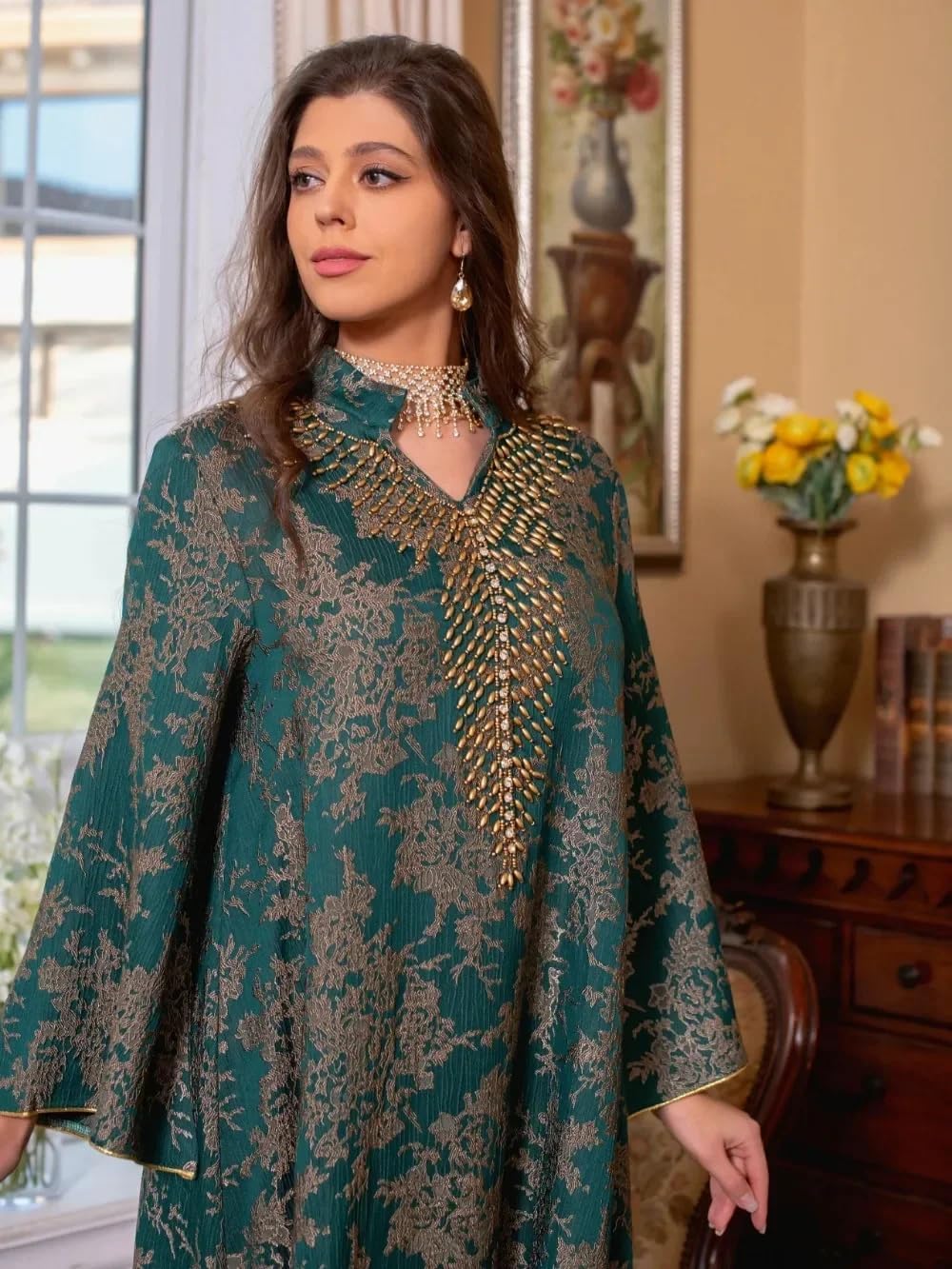 LIXINGHEITANG Dress for Women Abaya Beading Stand Collar Morocco Party Dresses Abayas Arab Long Robe