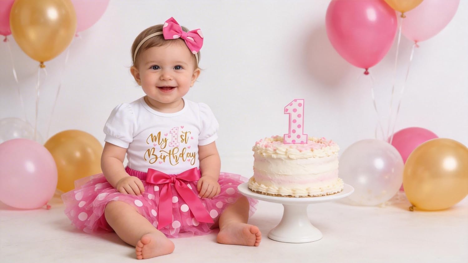 ODASDO Baby Girls First Birthday Cake Smash Outfit Cotton Short Sleeve Romper Tiered Tutu Skirt Bowknot Headband Set - Image 2