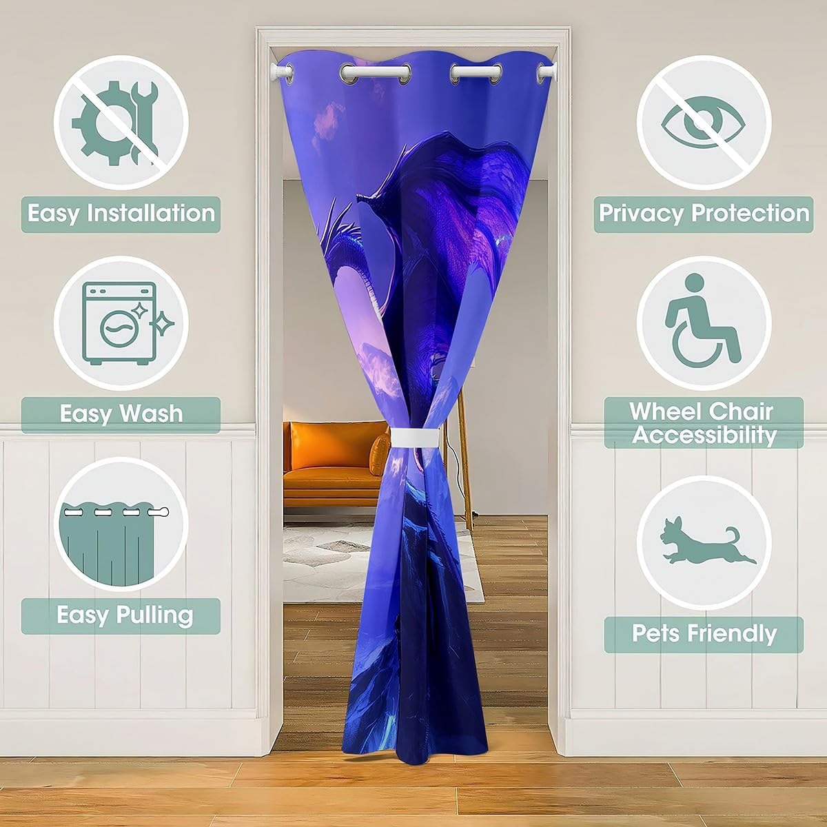 Castle Fairy Howling Dragon Door Curtain for Doorways Privacy Purple Aurora Sky Doorway Curtain Magical Fantasy Animal All Season Blackout Curtain Snowy Mountain Door Drape, 52" W X 80" L