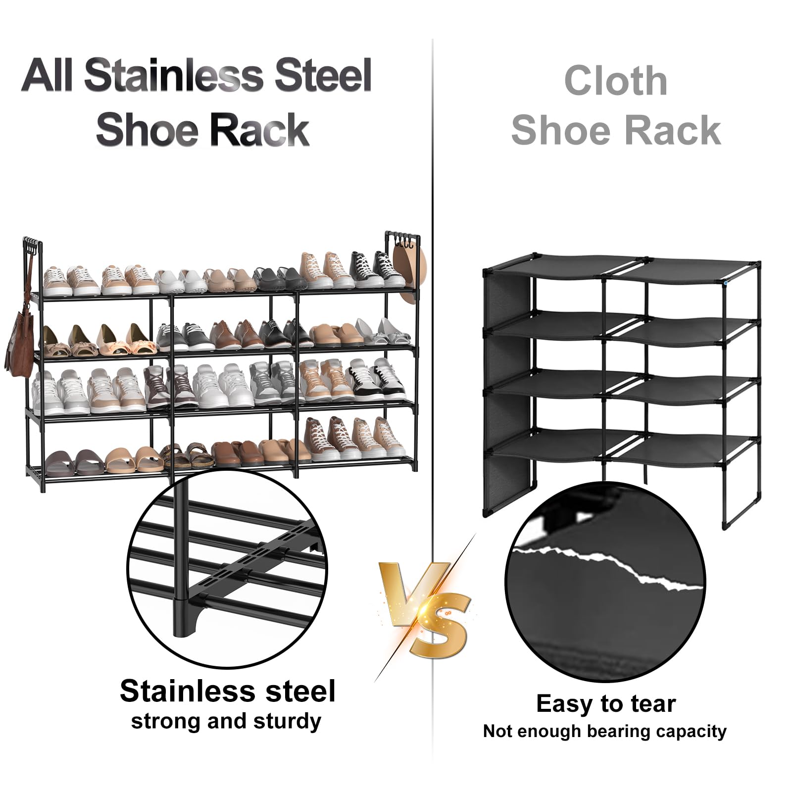 3-reihiges Schuhregal mit 4 Ebenen, schwarzes Metall-Schuhregal, stapelbares Schuhregal mit multifunktionalen Haken, Platz für 24–30 Paar, platzsparendes Schuhregal, Schuhregal für Schrank,