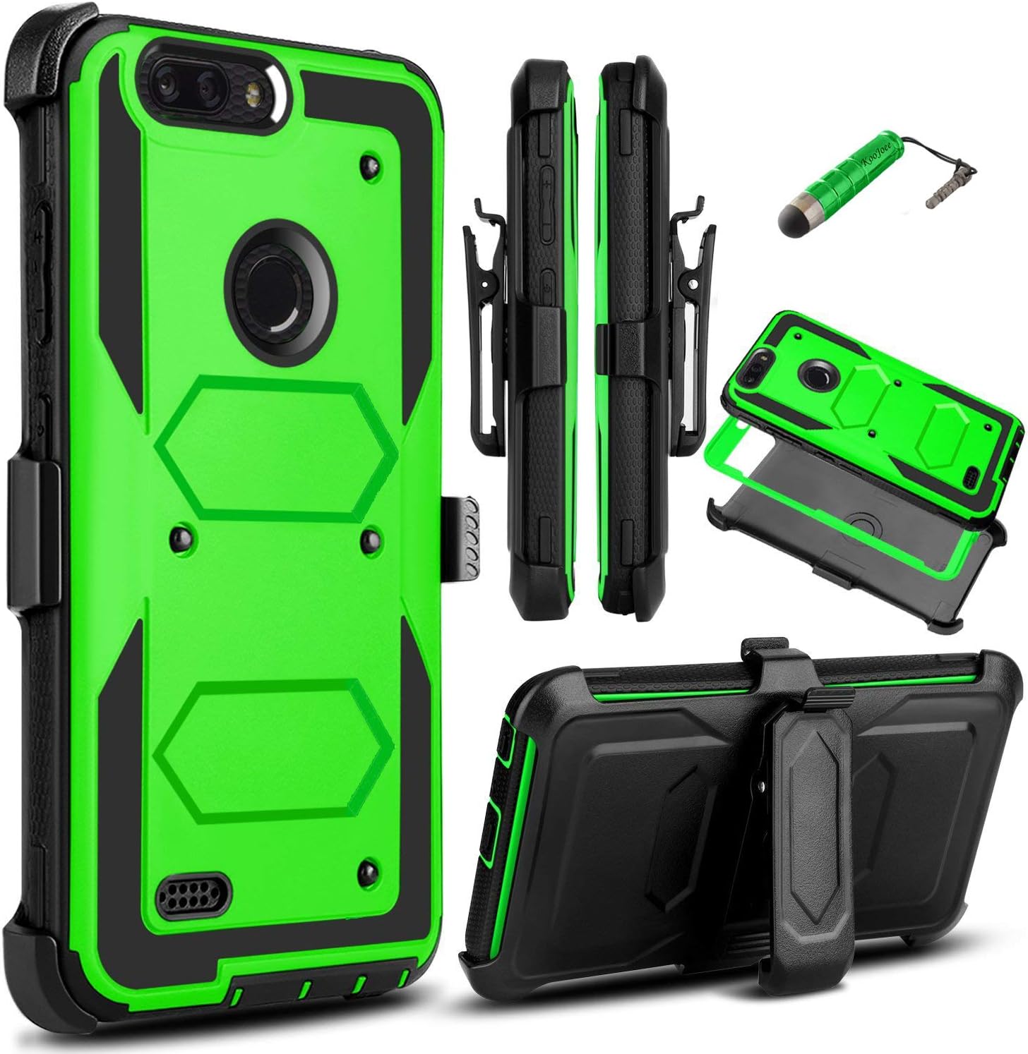 KooJoee Green Armor Defender Case Compatible with ZTE Blade Z MAX/Sequoia Z982/ZMax Pro 2, Heavy Duty Shockproof[Kickstand][Swivel Belt Clip] Full Body Rugged Holster with Built-in Screen Protector
