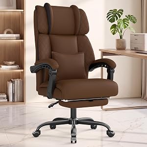Ergonomic Office Chair with Footrest, 400lbs High Back Executive Home Office Computer Chair with Unique Ear-Shape Headrest for Neck Support,Leather Office Chairs for Home Office Work (Coffee)