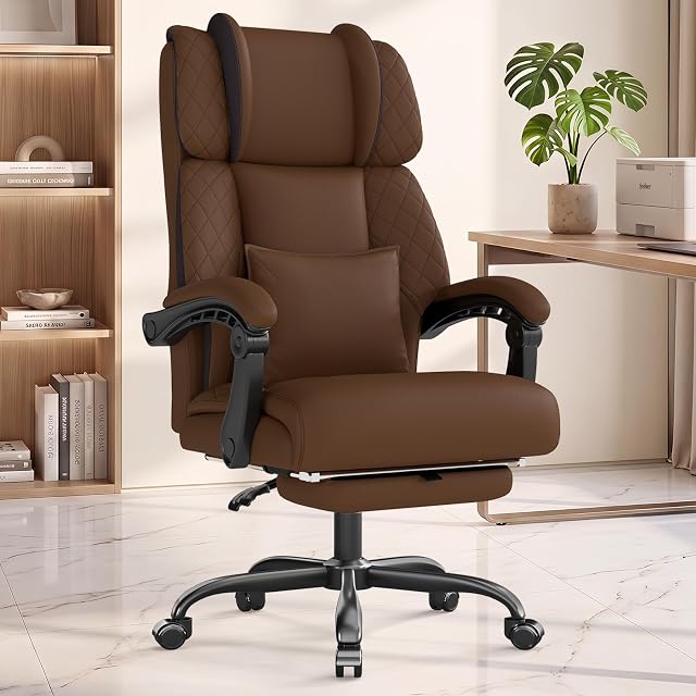 Chaise de bureau ergonomique avec repose-pieds, 400lbs chaise de bureau haut de gamme avec tête d'oreille unique pour le soutien de cou, chaise de bureau en cuir pour le travail de bureau à domicile (café)