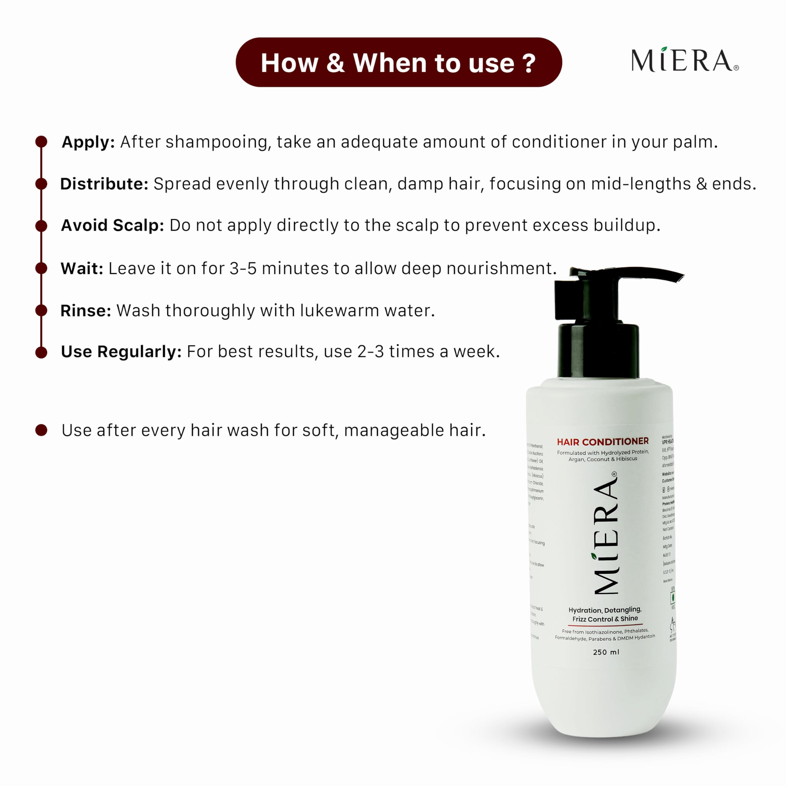 Miera Hair Conditioner with Argan Oil, Coconut Oil & Hydrolyzed Protein – Nourishing, Frizz Control & Detangling Conditioner for All Hair Types – Paraben-Free, Daily Use – 250ml 2