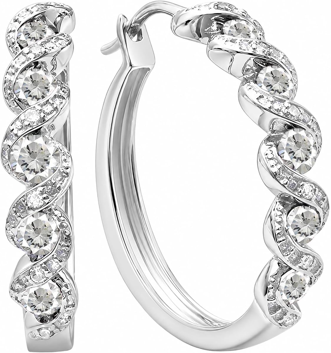 Pendientes de aro con bisagras en forma de remolino de 5 piedras y diamantes naturales blancos Dazzlingrock | Piedra preciosa redonda creada en laboratorio | Mujeres | Plata de ley 925.