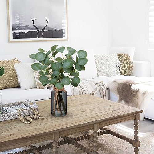 Miniatura 6 de Briful - Tallos de eucalipto artificiales en jarrón negro de vidrio con agua sintética, hojas de eucalipto falsas de 14 pulgadas para decoración del